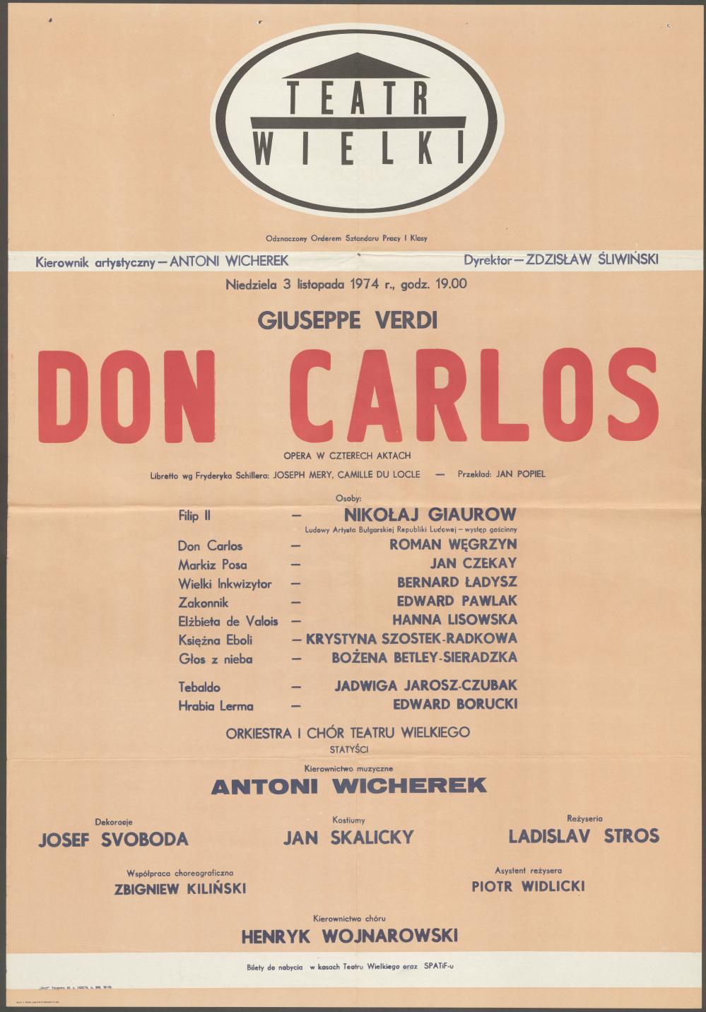 Afisz. „Don Carlos” Giuseppe Verdi 03-11-1974