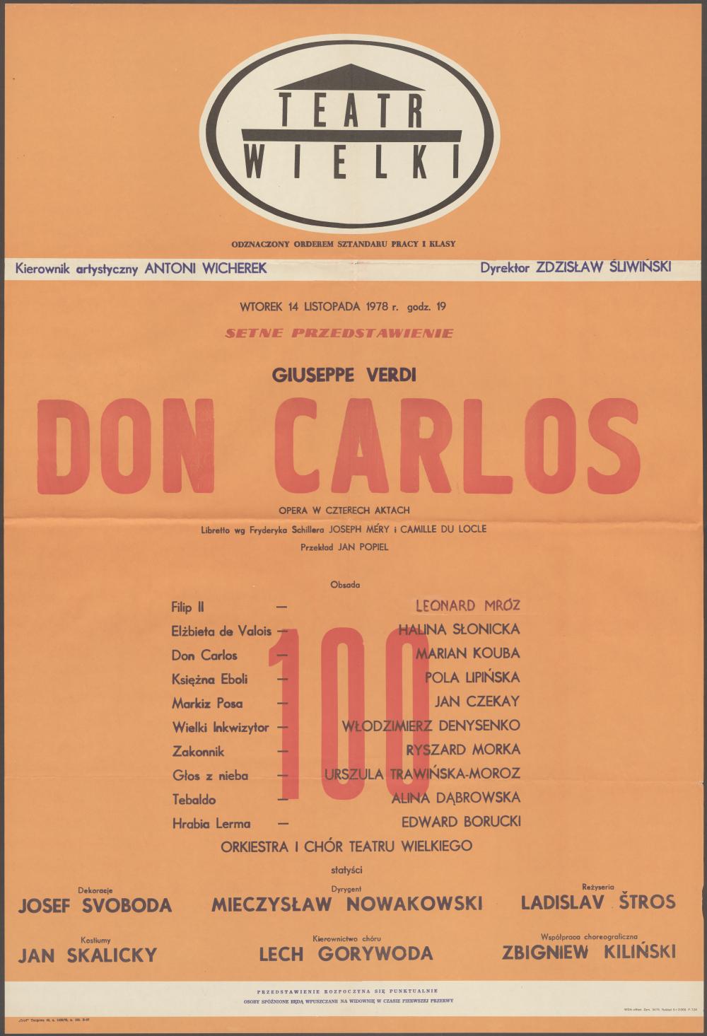 Afisz. „Don Carlos” Giuseppe Verdi 14-11-1978. Setne Przedstawienie