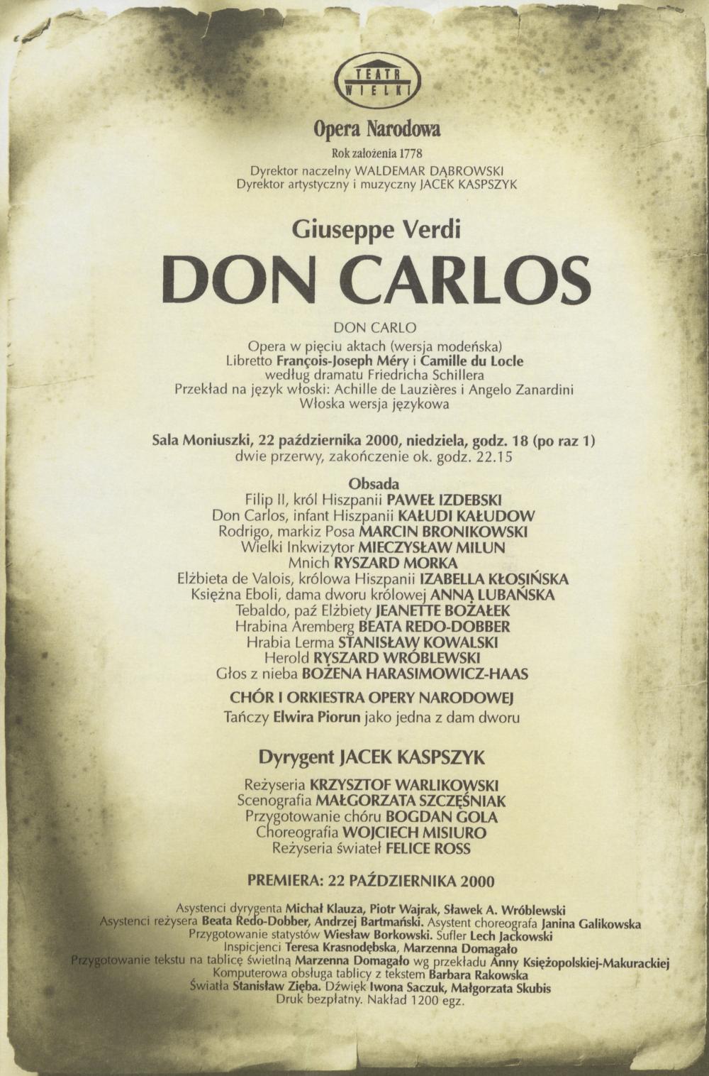 Wkładka premierowa „Don Carlos” Giuseppe Verdi 22-10-2000