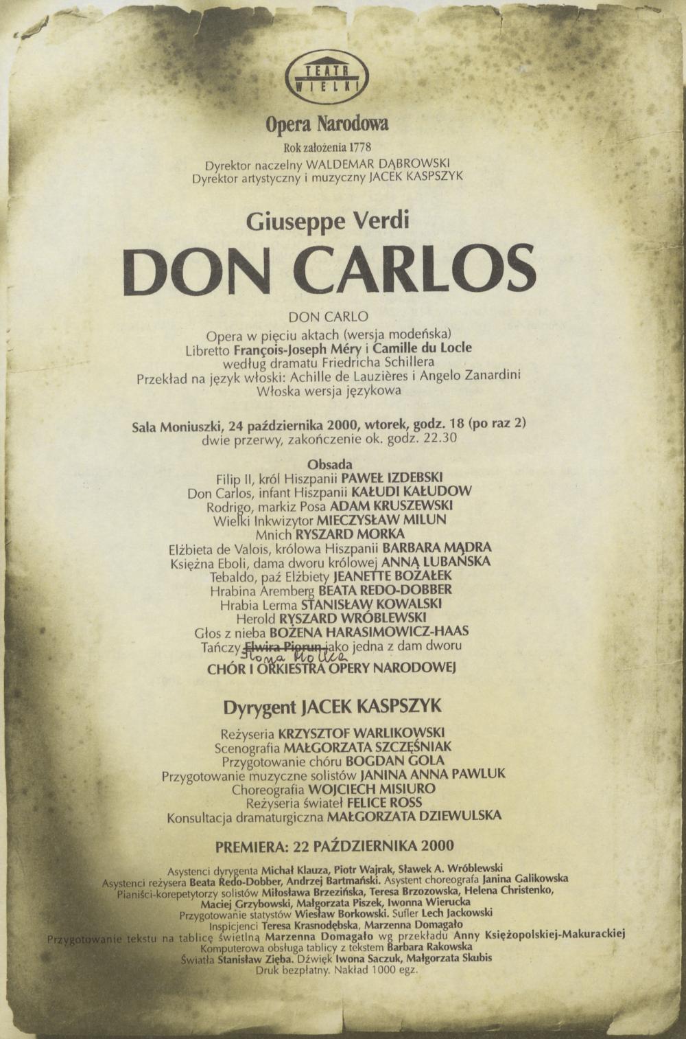 Wkładka obsadowa „Don Carlos” Giuseppe Verdi 24-10-2000