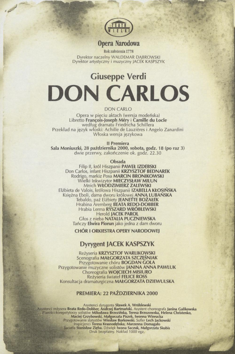 Wkładka obsadowa „Don Carlos” Giuseppe Verdi 28-10-2000