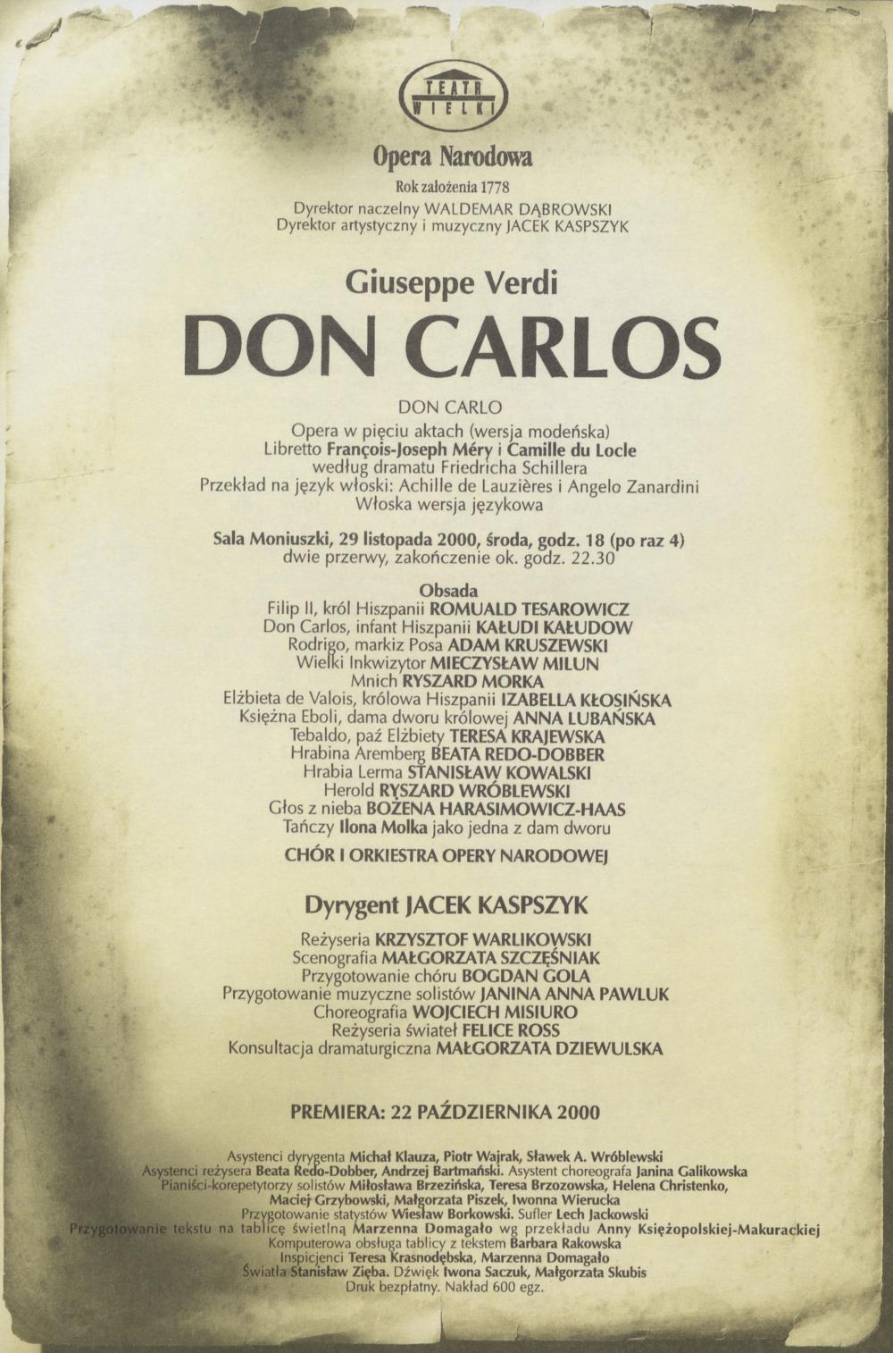 Wkładka obsadowa „Don Carlos” Giuseppe Verdi 29-11-2000