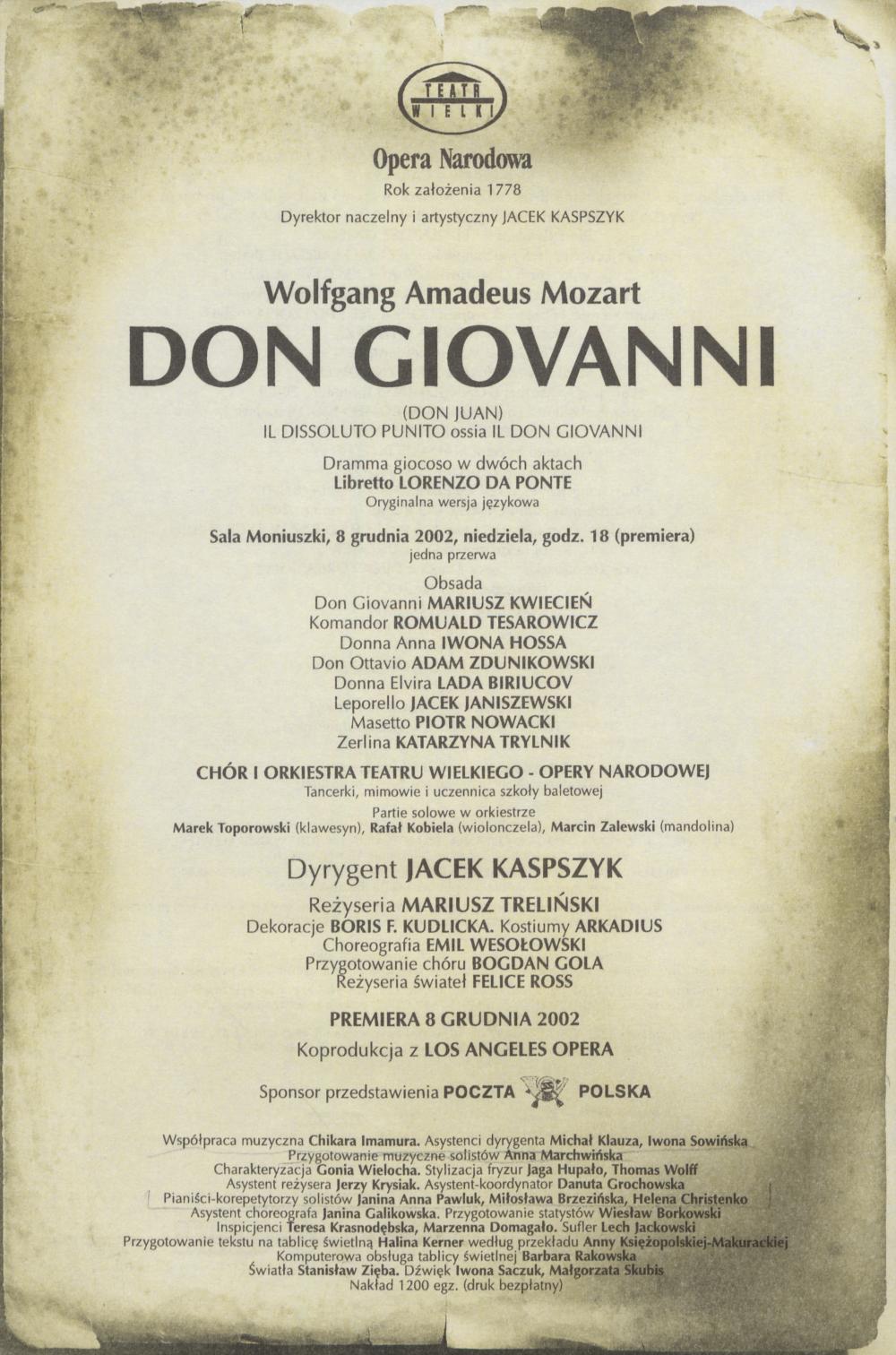 Wkładka obsadowa „Don Giovanni” Wolfgang Amadeusz Mozart 08-12-2002