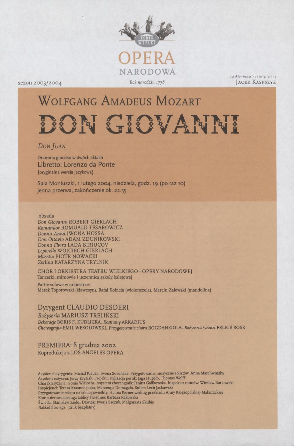 Wkładka obsadowa „Don Giovanni” Wolfgang Amadeusz Mozart 01-02-2004