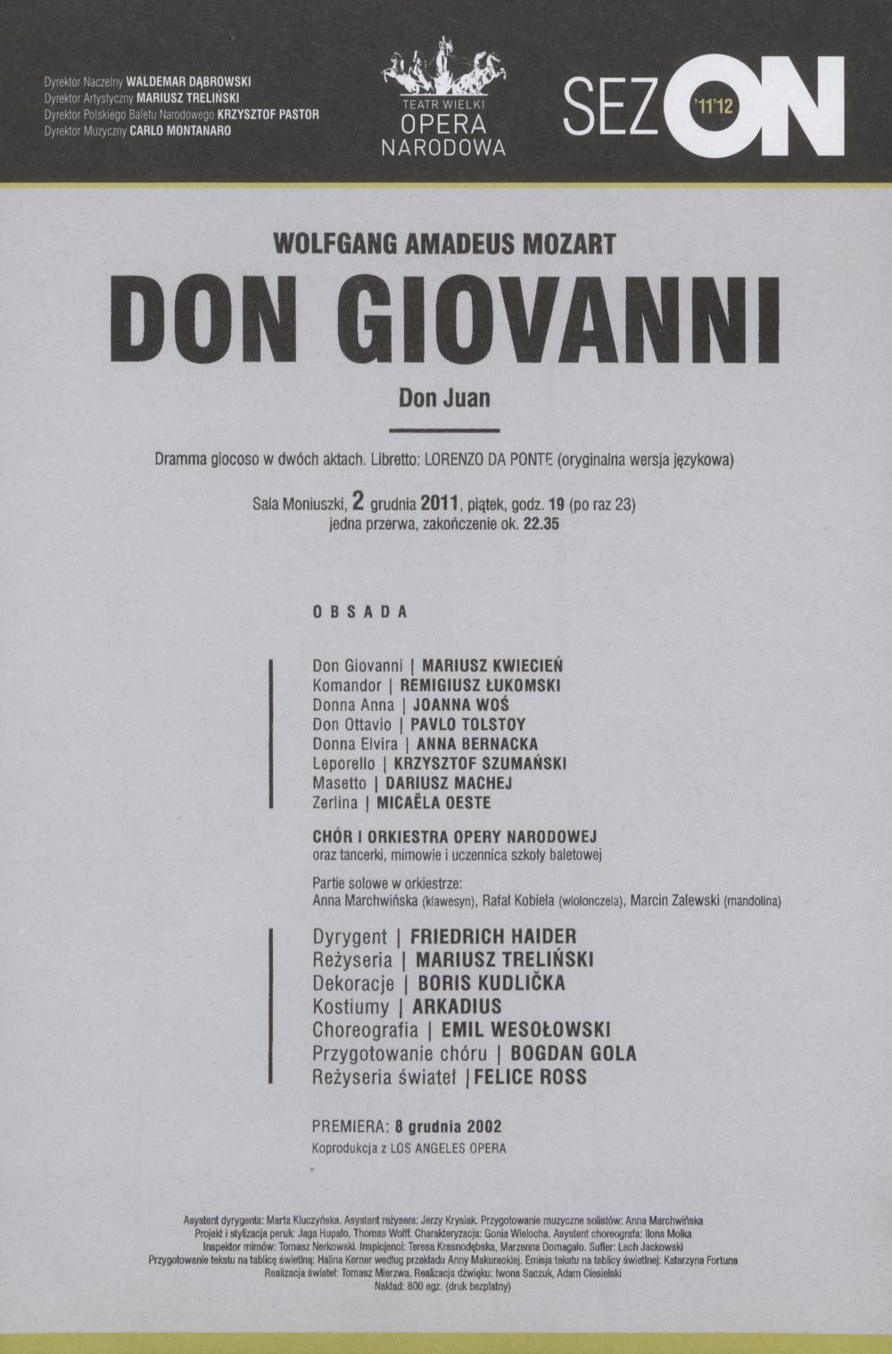 Wkładka obsadowa „Don Giovanni” Wolfgang Amadeusz Mozart 02-12-2011