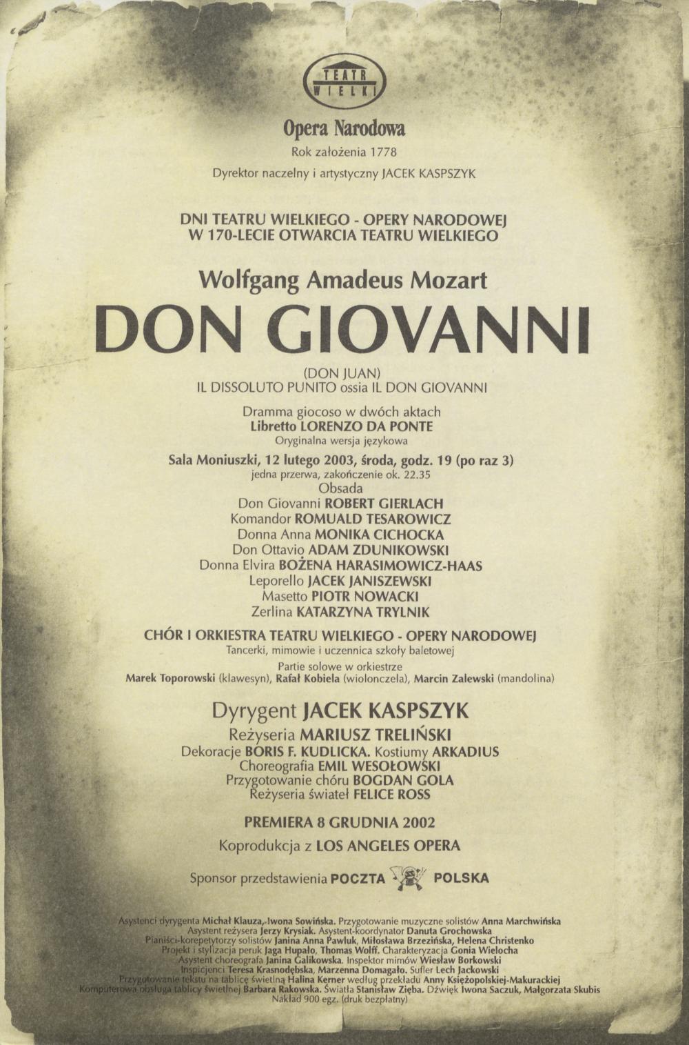 Wkładka obsadowa „Don Giovanni” Wolfgang Amadeusz Mozart 12-02-2003