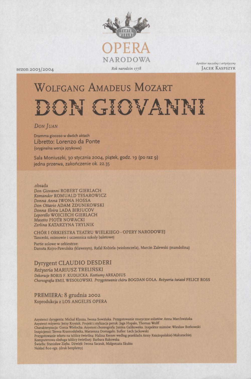 Wkładka obsadowa „Don Giovanni” Wolfgang Amadeusz Mozart 30-01-2004