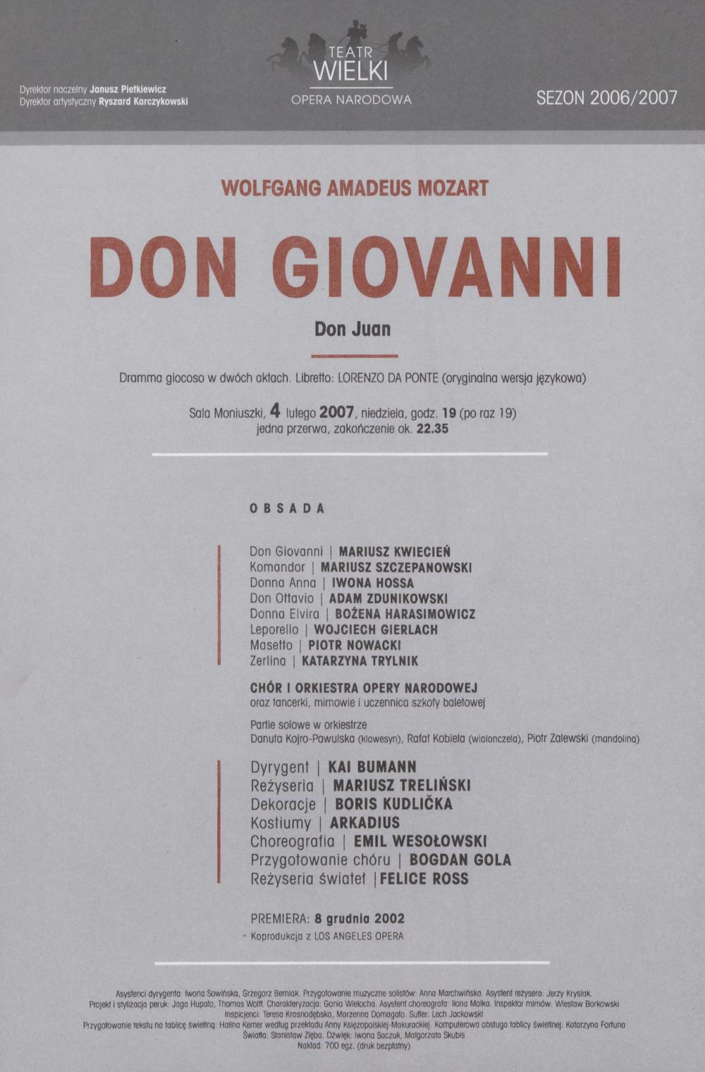 Wkładka obsadowa „Don Giovanni” Wolfgang Amadeusz Mozart 04-02-2007