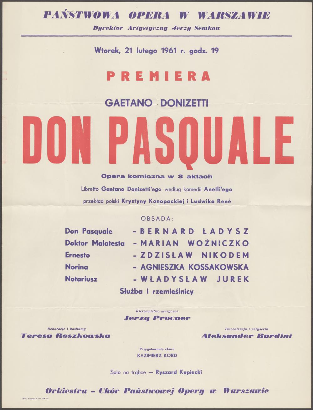 Afisz Premierowy, "Don Pasquale" Gaetano Donizetti 21-02-1961