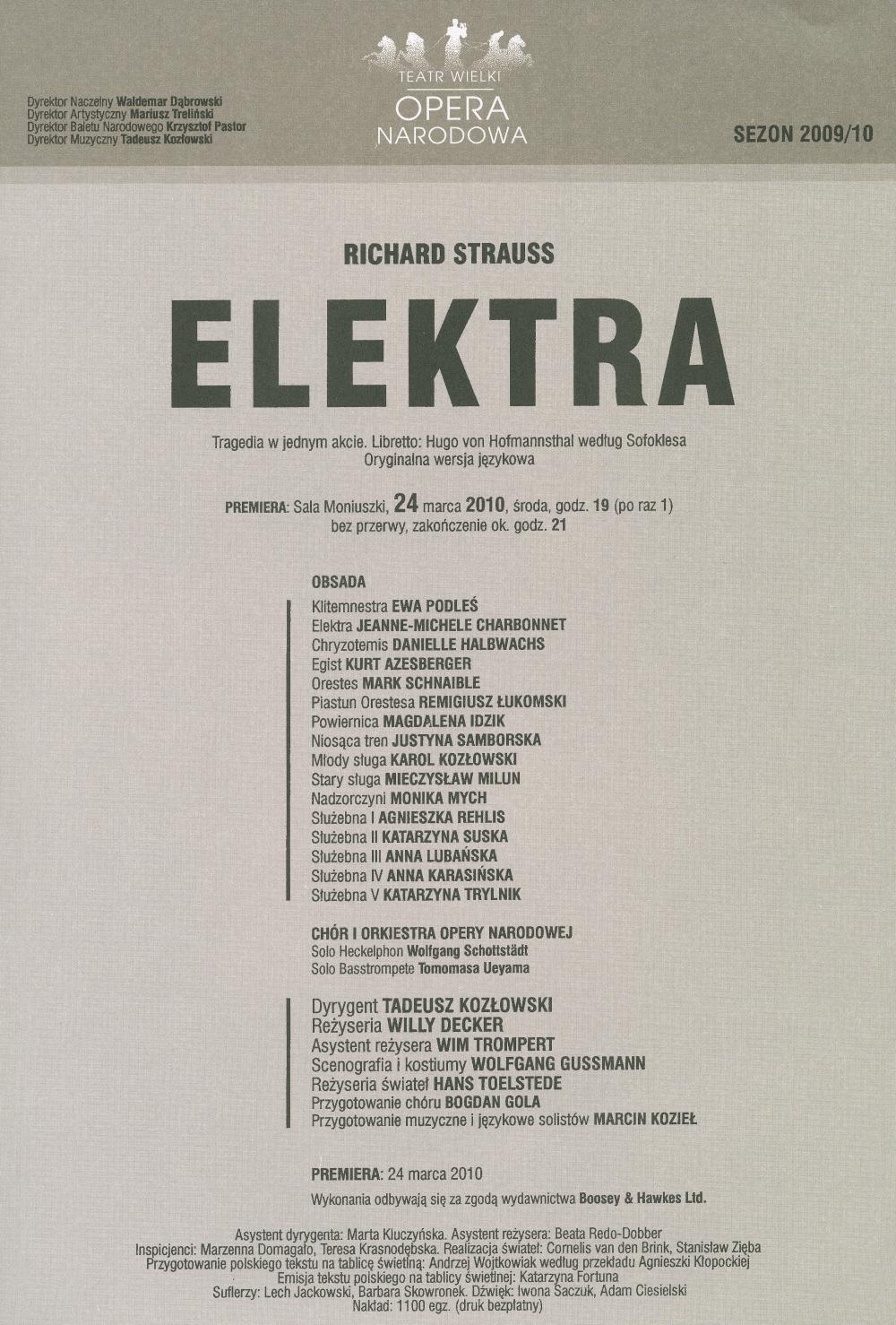 Wkładka premierowa „Elektra” Richard Strauss 24-03-2010
