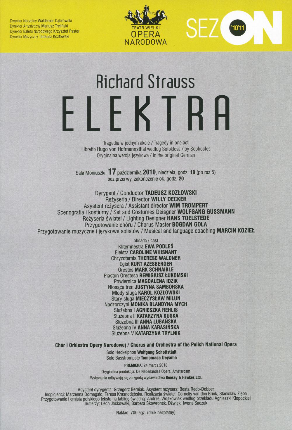 Wkładka obsadowa „Elektra” Richard Strauss 17-10-2010