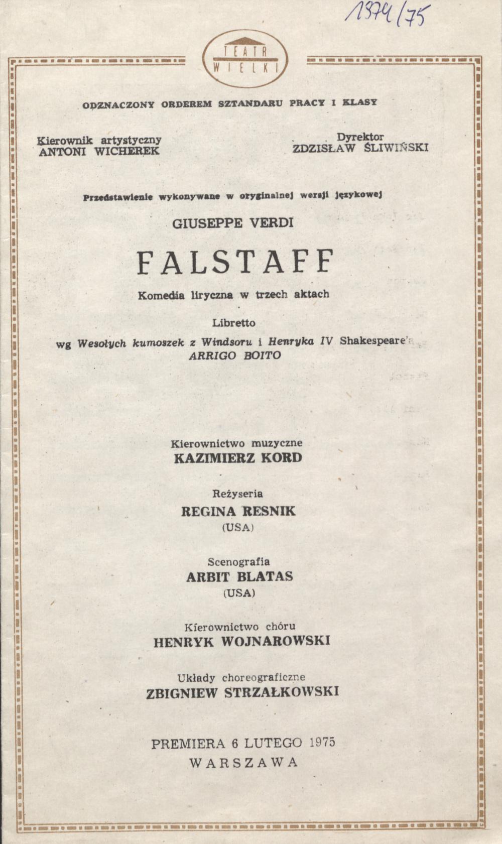 Wkładka obsadowa „Falstaff” Giuseppe Verdi 22-03-1975