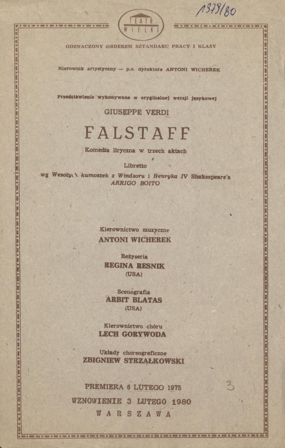 Wkładka obsadowa „Falstaff” Giuseppe Verdi Wznowienie – 03-02-1980