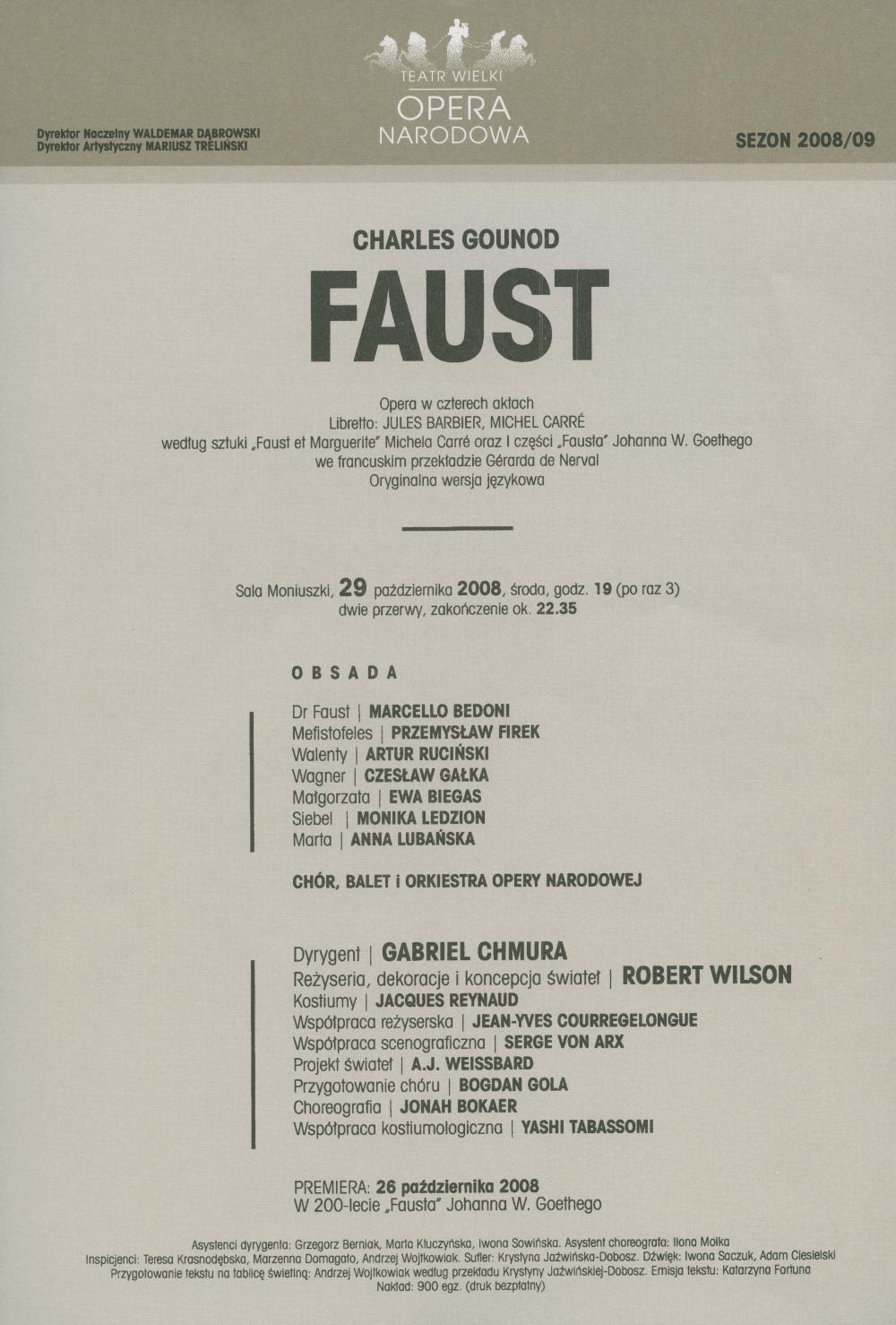 Wkładka obsadowa - „Faust” Charles Gounod 29-10-2008