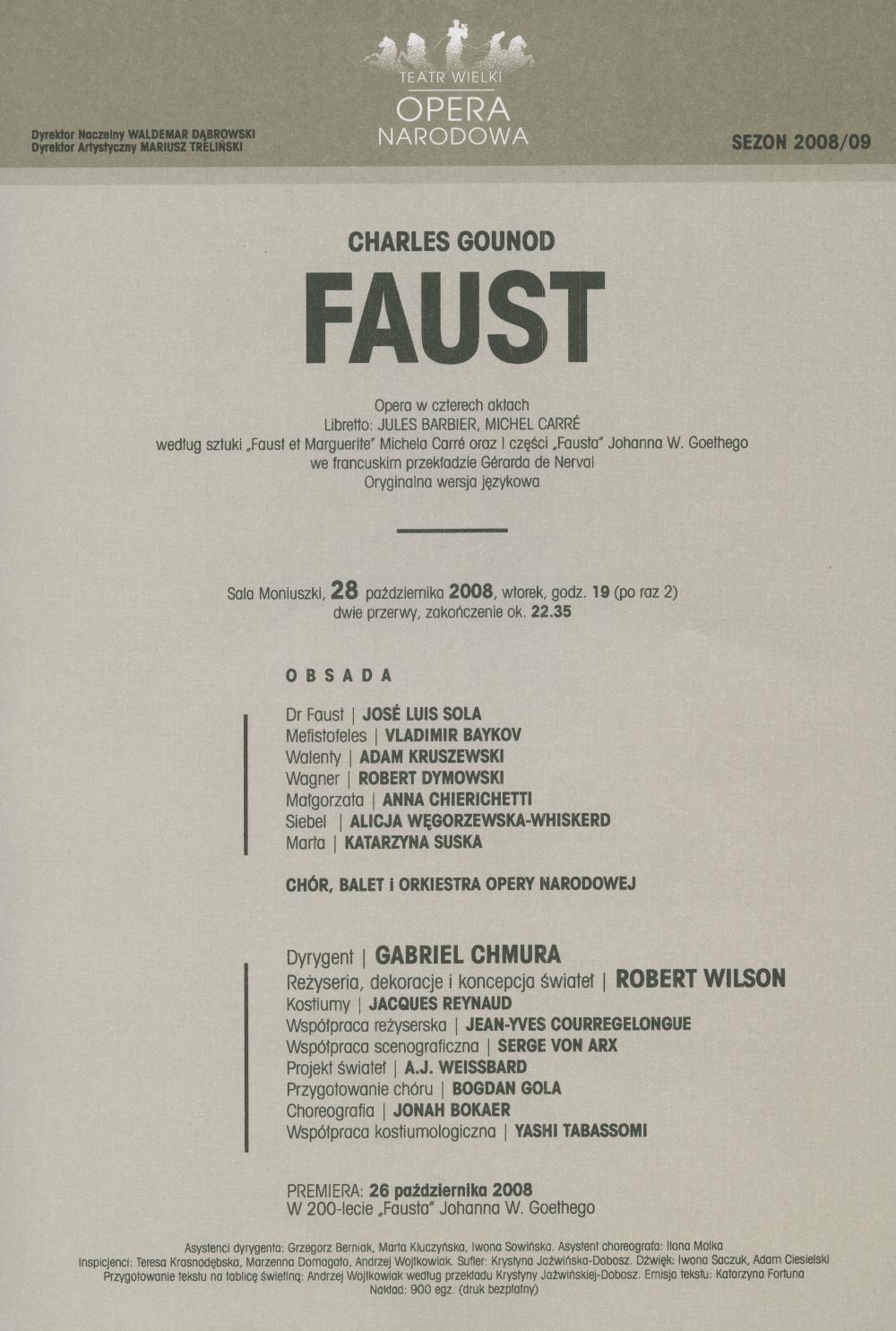 Wkładka obsadowa - „Faust” Charles Gounod 28-10-2008
