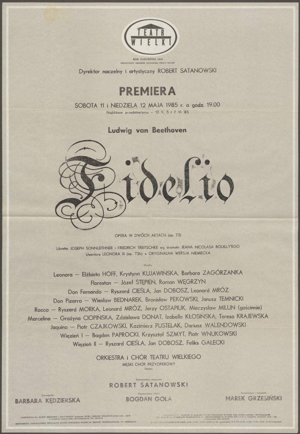 Afisz premierowy „Fidelio” Ludwig van Beethoven 11-05-1985 , 12-05-1985