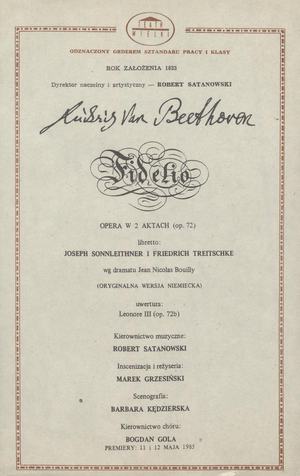 Wkładka premierowa – premiera II „Fidelio” Ludwig van Beethoven 12-05-1985