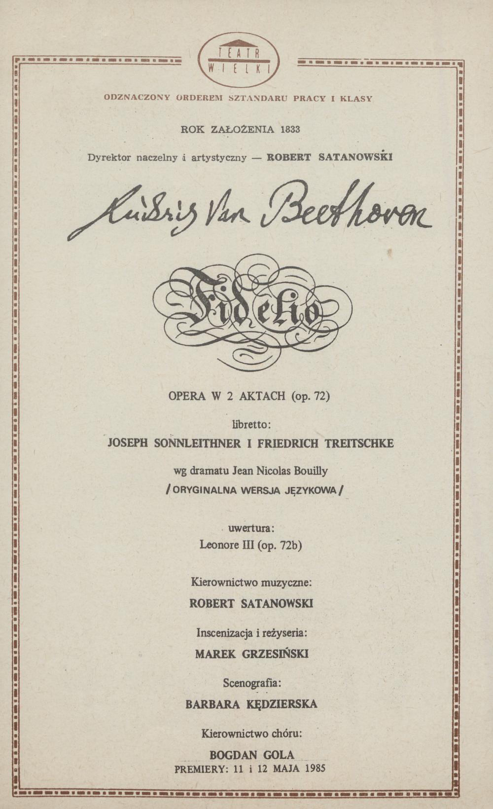 Wkładka obsadowa „Fidelio” Ludwig van Beethoven 03-05-1986