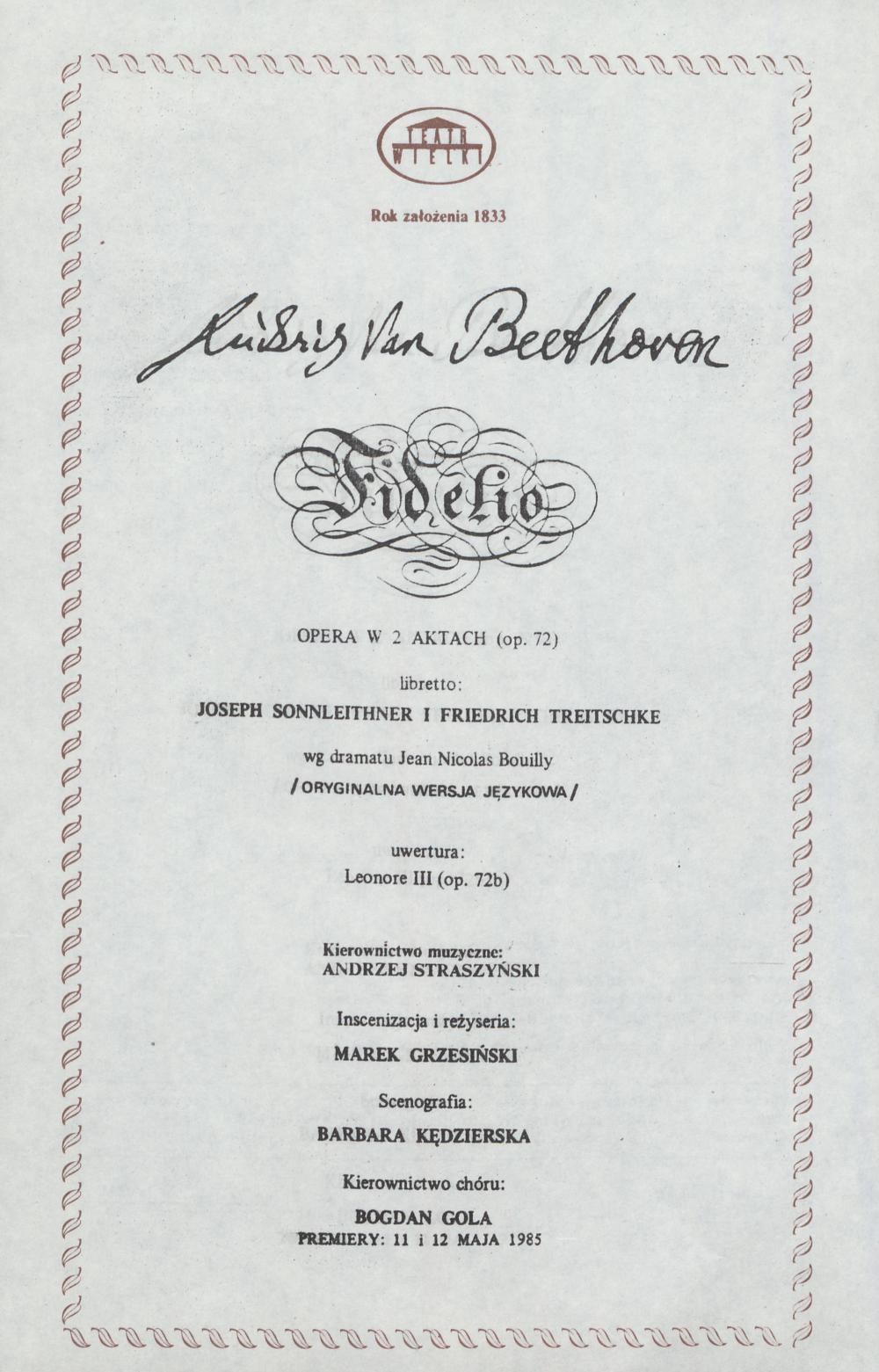 Wkładka obsadowa „Fidelio” Ludwig van Beethoven 26-01-1992