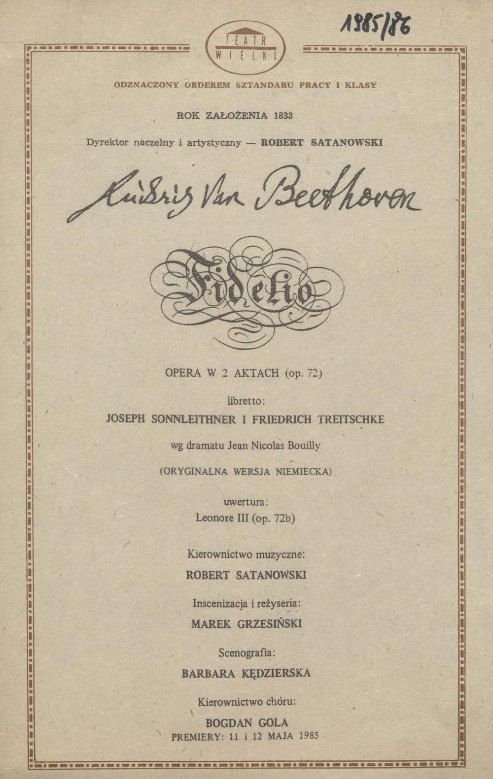 Wkładka obsadowa „Fidelio” Ludwig van Beethoven 26-09-1985