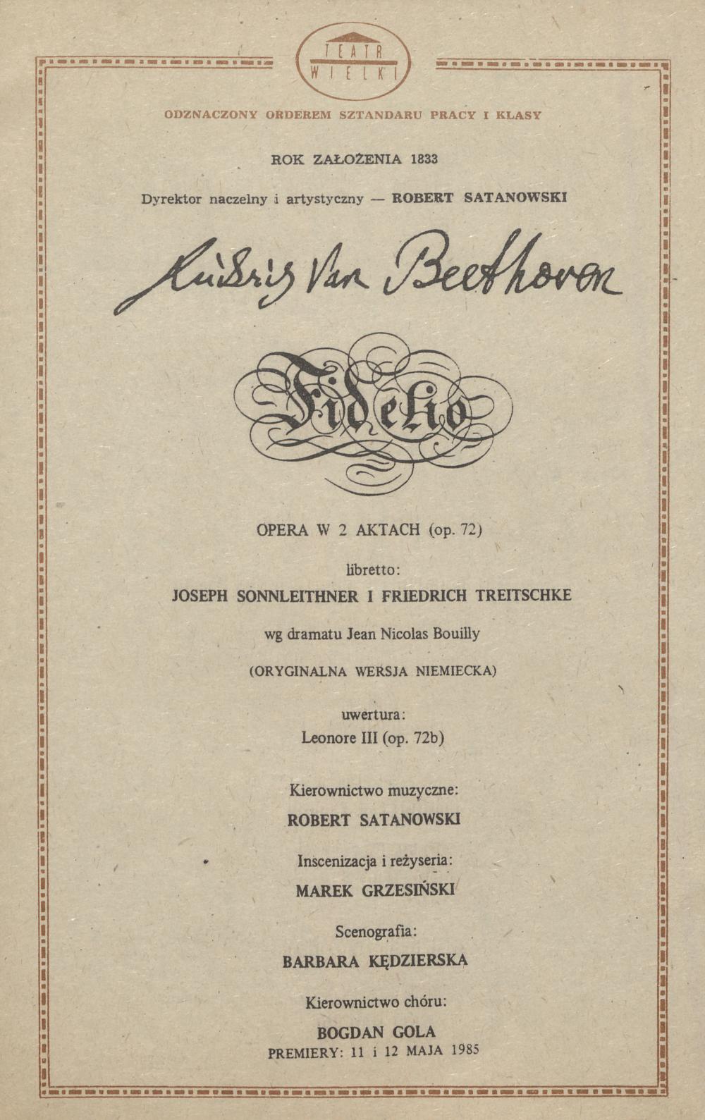 Wkładka obsadowa „Fidelio” Ludwig van Beethoven 29-09-1985