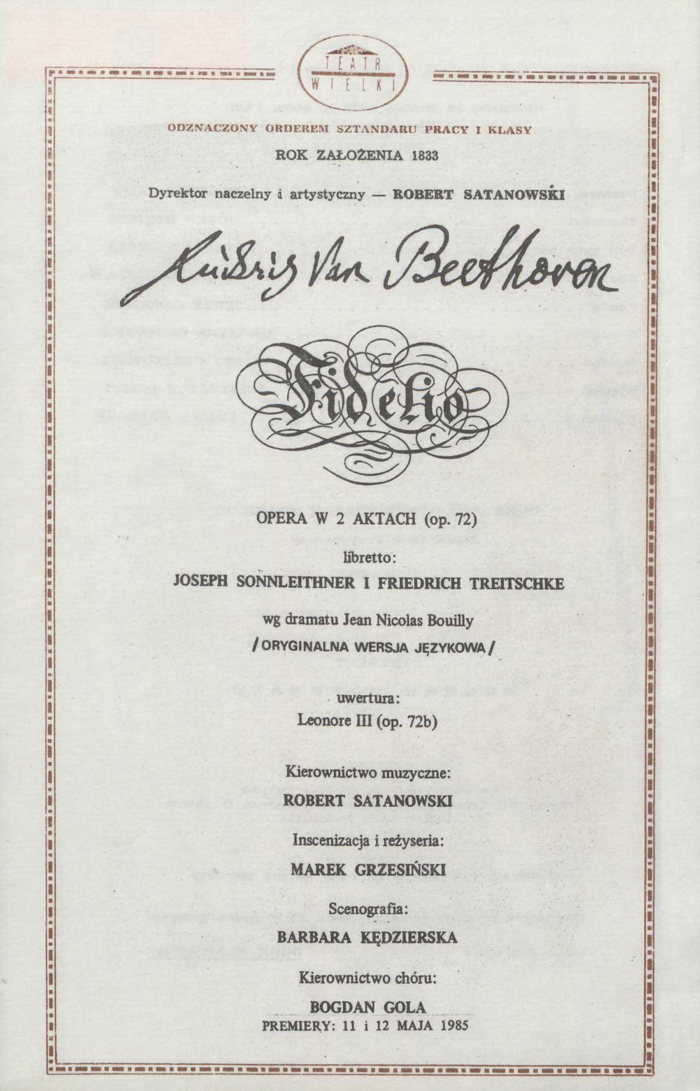 Wkładka obsadowa „Fidelio” Ludwig van Beethoven 14-12-1986