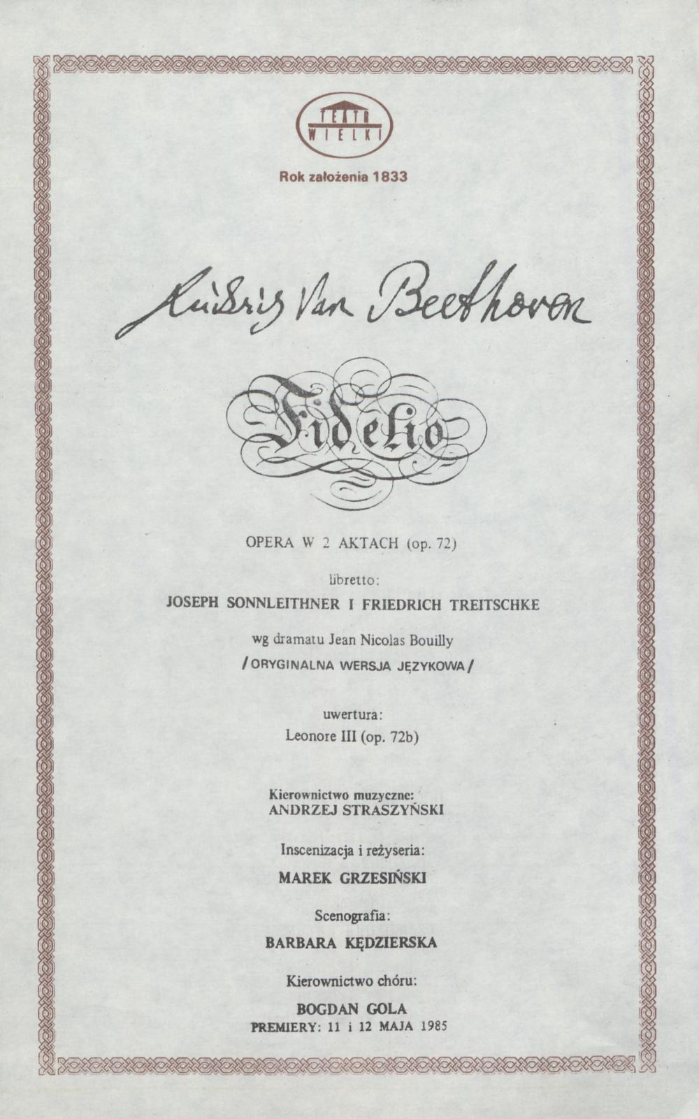 Wkładka obsadowa „Fidelio” Ludwig van Beethoven 05-01-1992