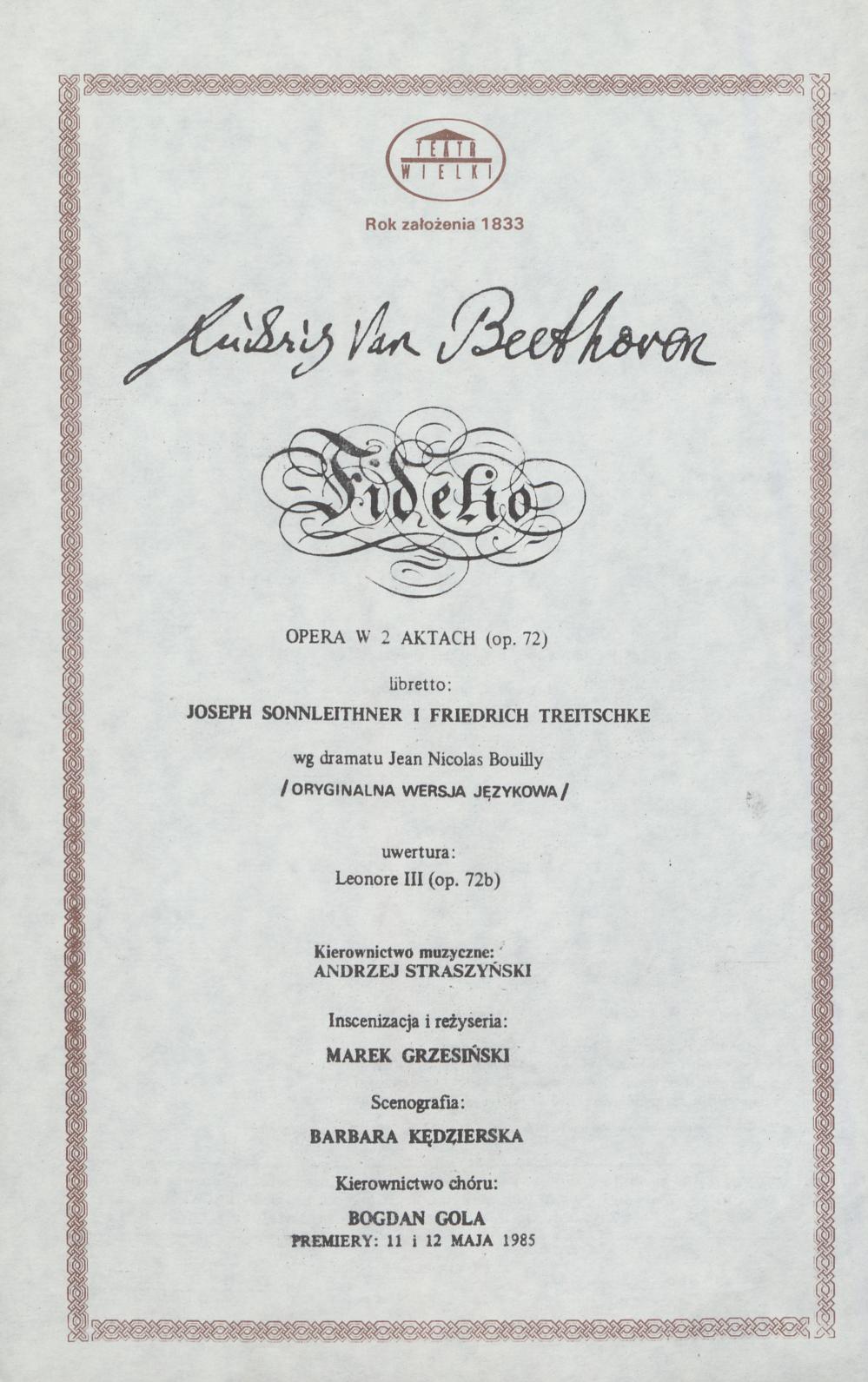 Wkładka obsadowa „Fidelio” Ludwig van Beethoven 07-01-1992