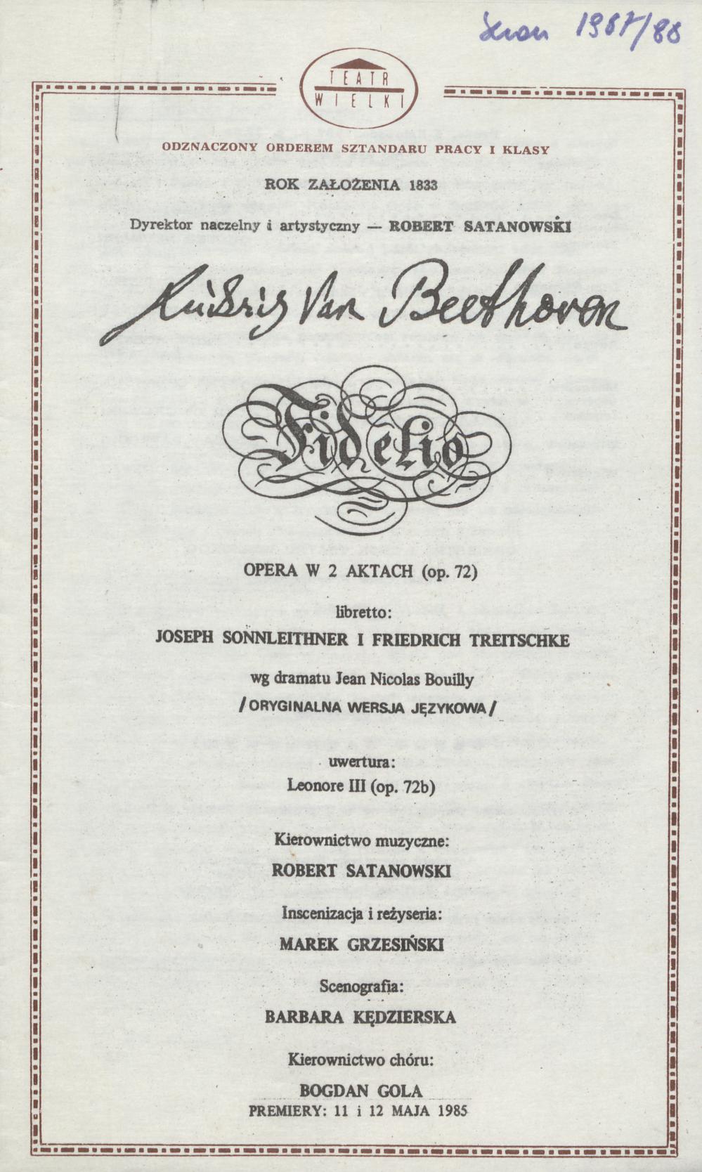 Wkładka obsadowa „Fidelio” Ludwig van Beethoven 04-11-1987