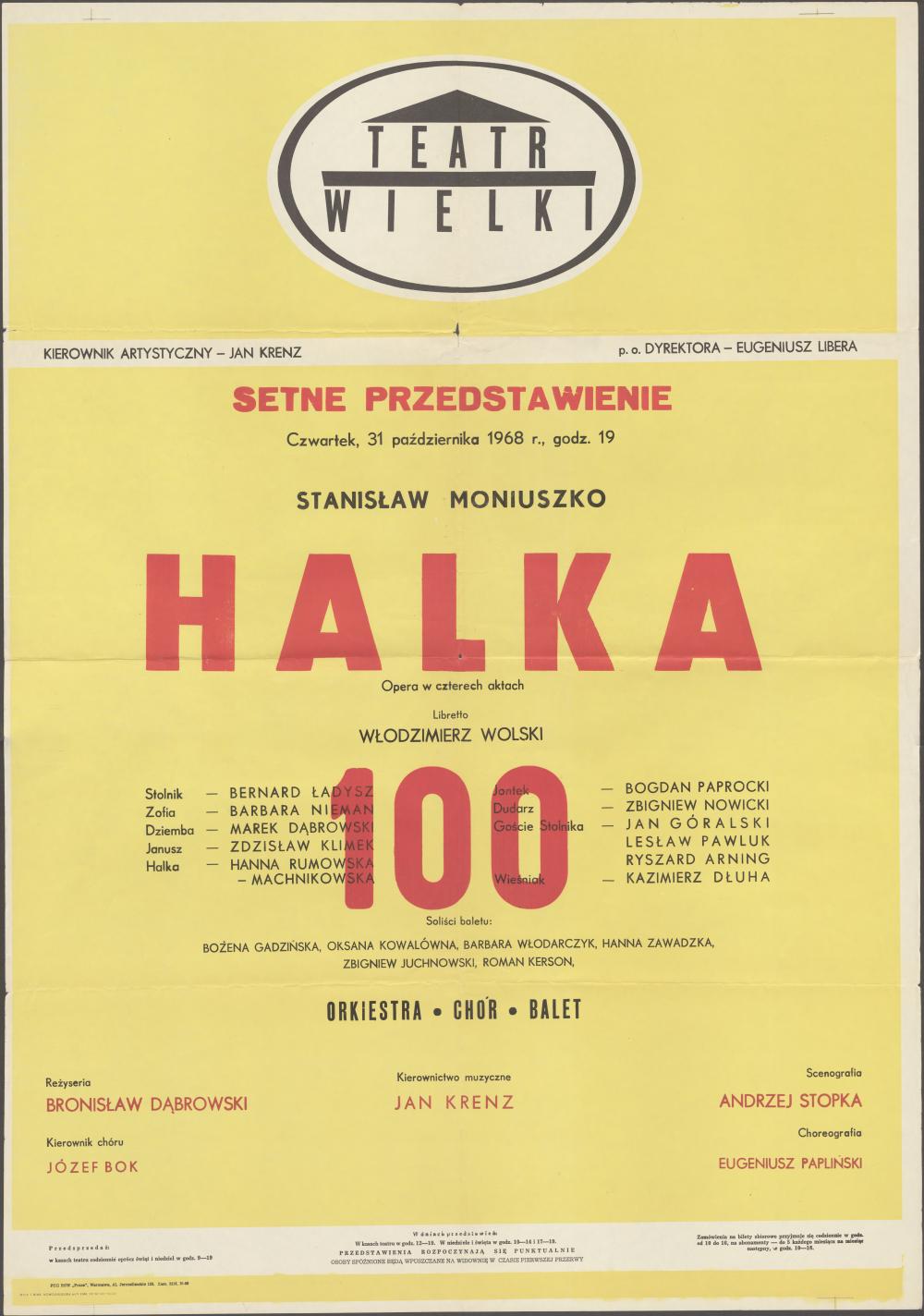 Afisz. „Halka” Stanisław Moniuszko 31-10-1968 setne Przedstawienie