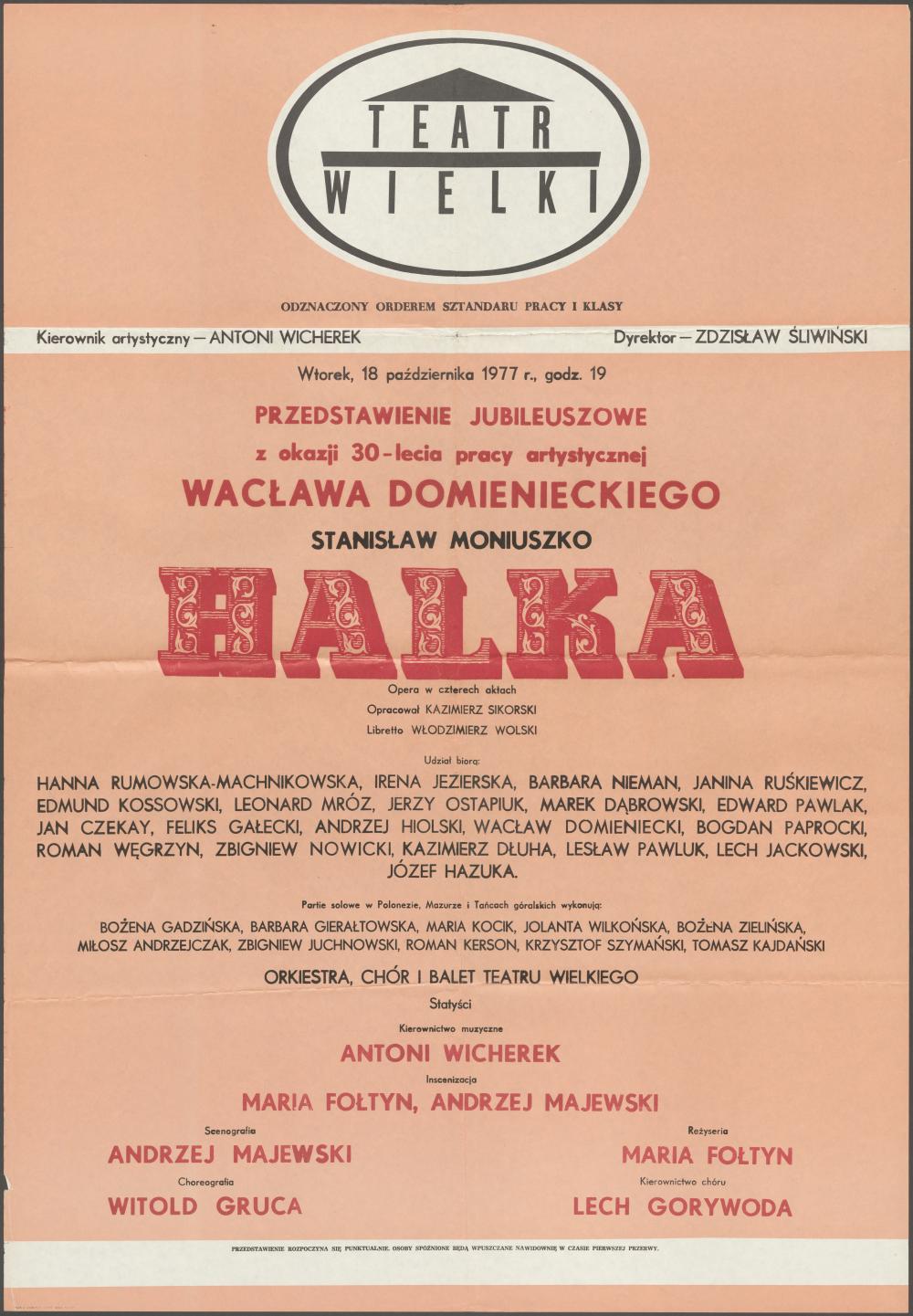 Afisz „Halka” Stanisław Moniuszko 18-10-1977, 30-lecie pracy artystycznej Wacława Domienieckiego