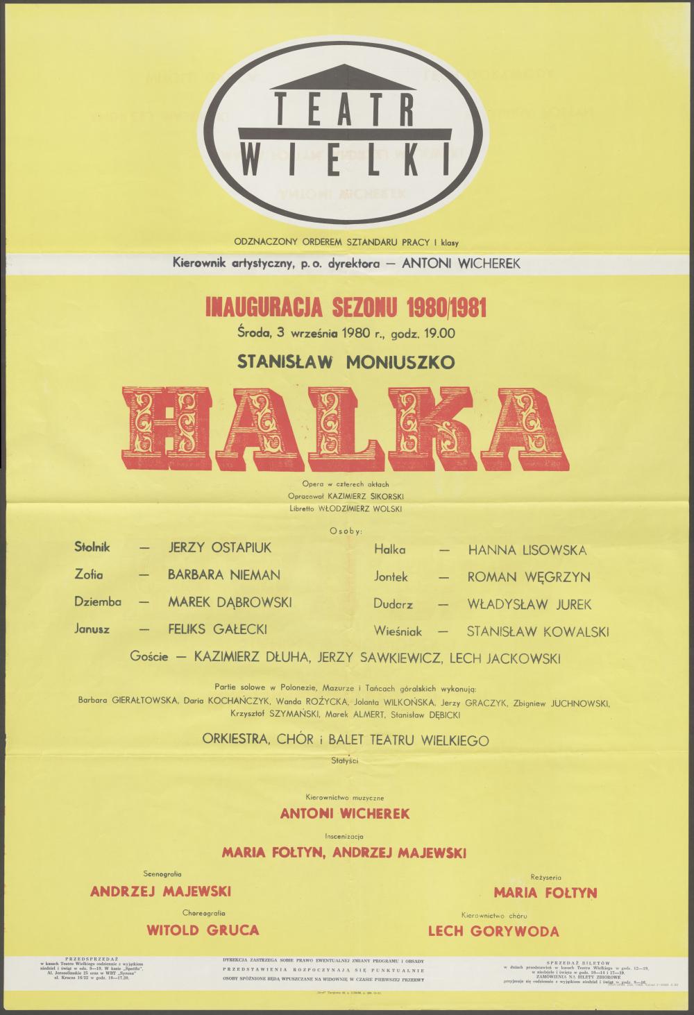 Afisz „Halka” Stanisław Moniuszko 03-09-1980 inauguracja sezonu 1980/1981