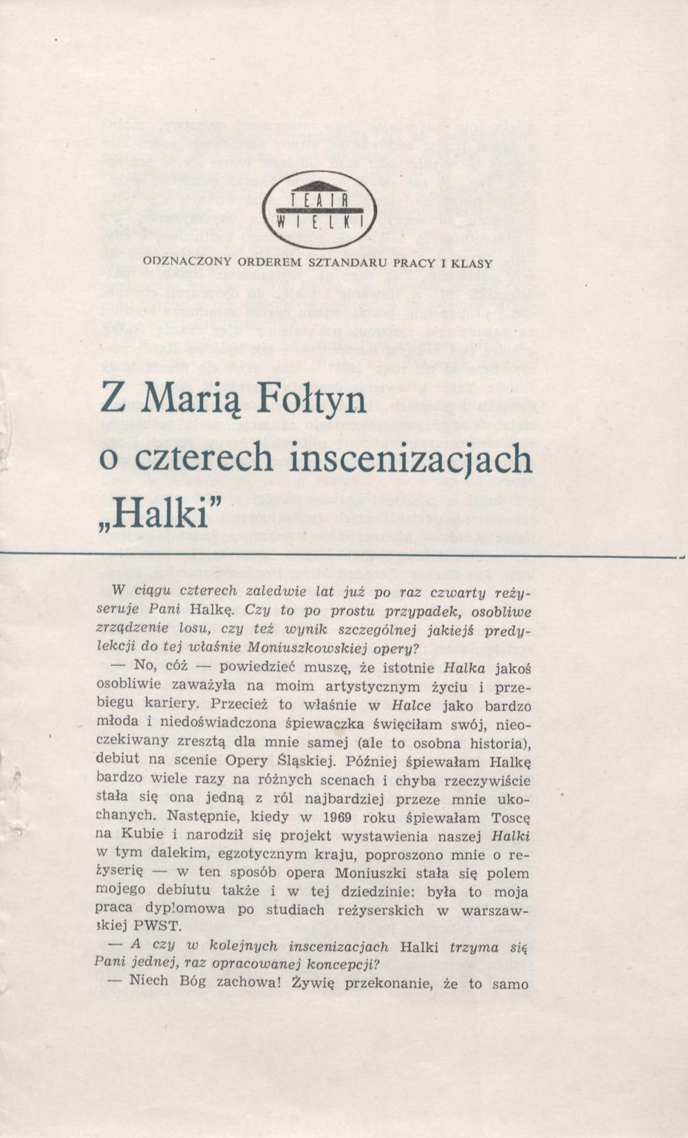 Program „Halka” Stanisław Moniuszko 26-10-1975 Rozmowa z Realizatorami przedstawieniami Marią Fołtyn, Andrzejem Majewskim