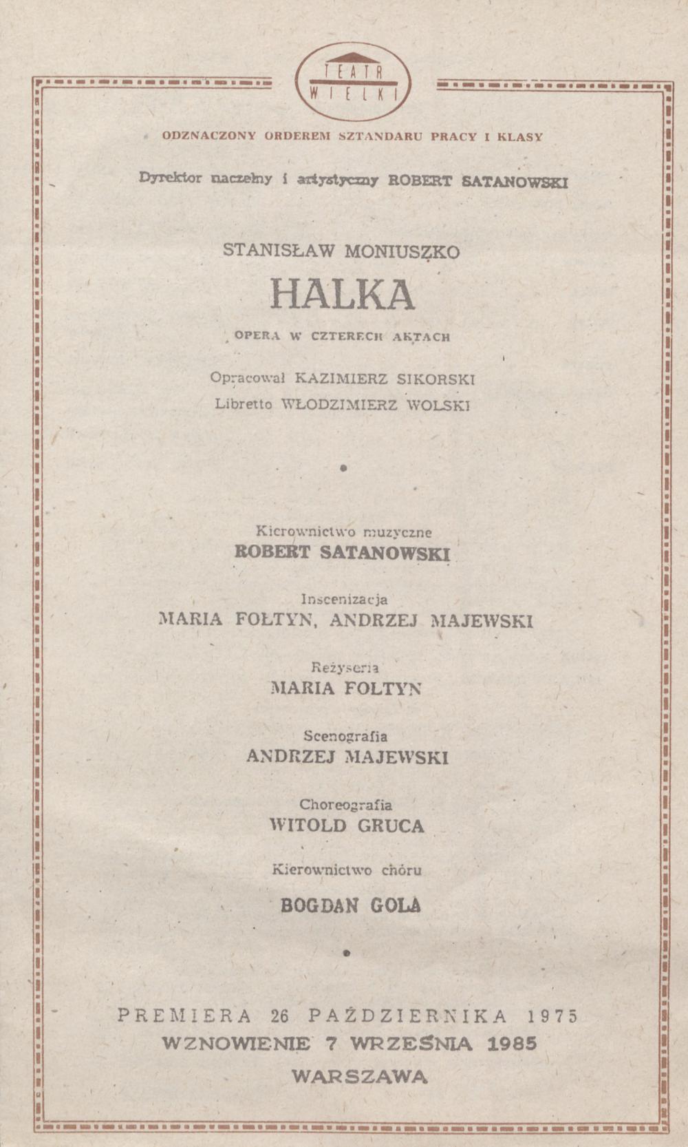 Wkładka obsadowa „Halka” Stanisław Moniuszko 27-04-1986