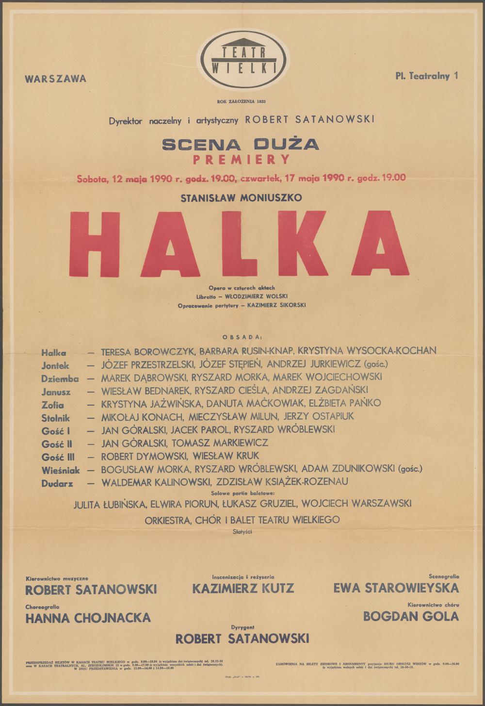 Afisz premierowy „Halka” Stanisław Moniuszko 12-05-1990