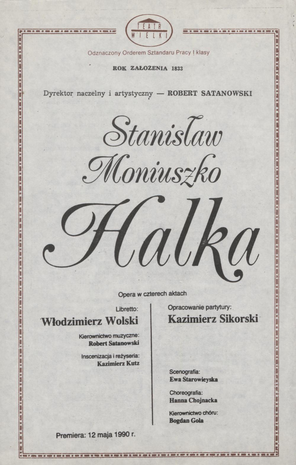 Wkładka premierowa „Halka” Stanisław Moniuszko 12-05-1990