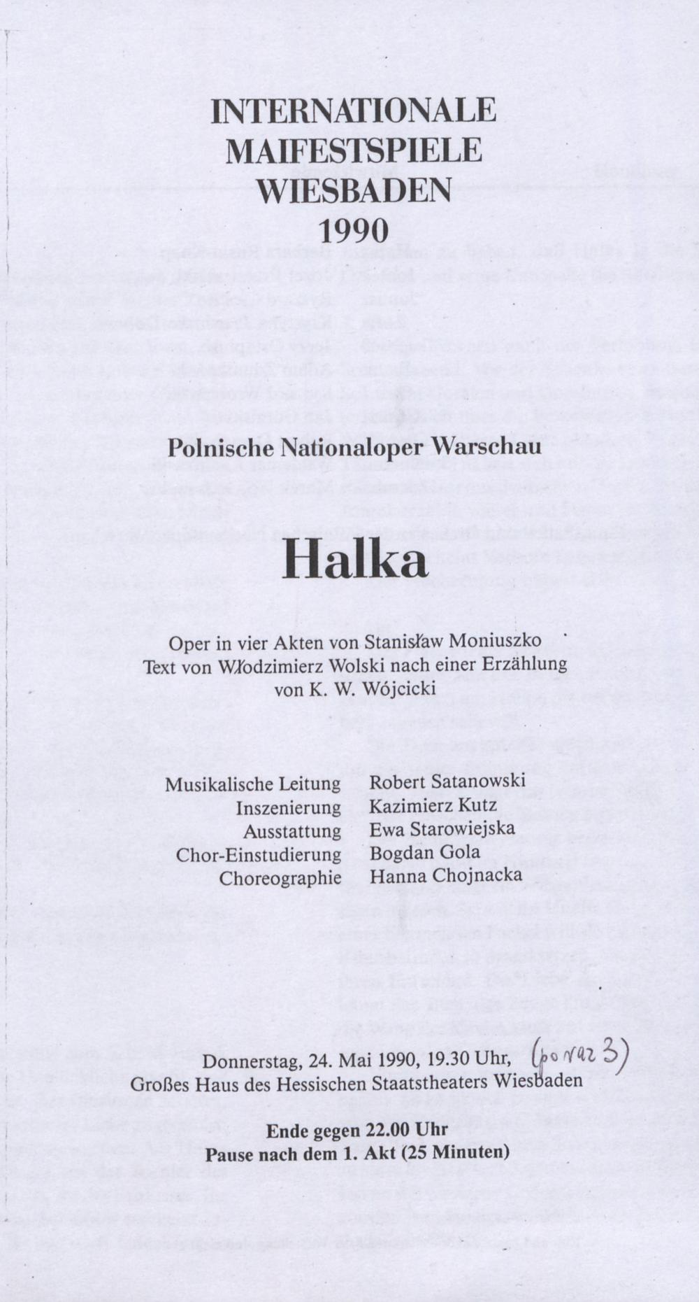 Wkładka obsadowa „Halka” Stanisław Moniuszko 24-05-1990 – Międzynarodowy Festiwal Wisbaden (Internationale Maifestspiele Wiesbaden)