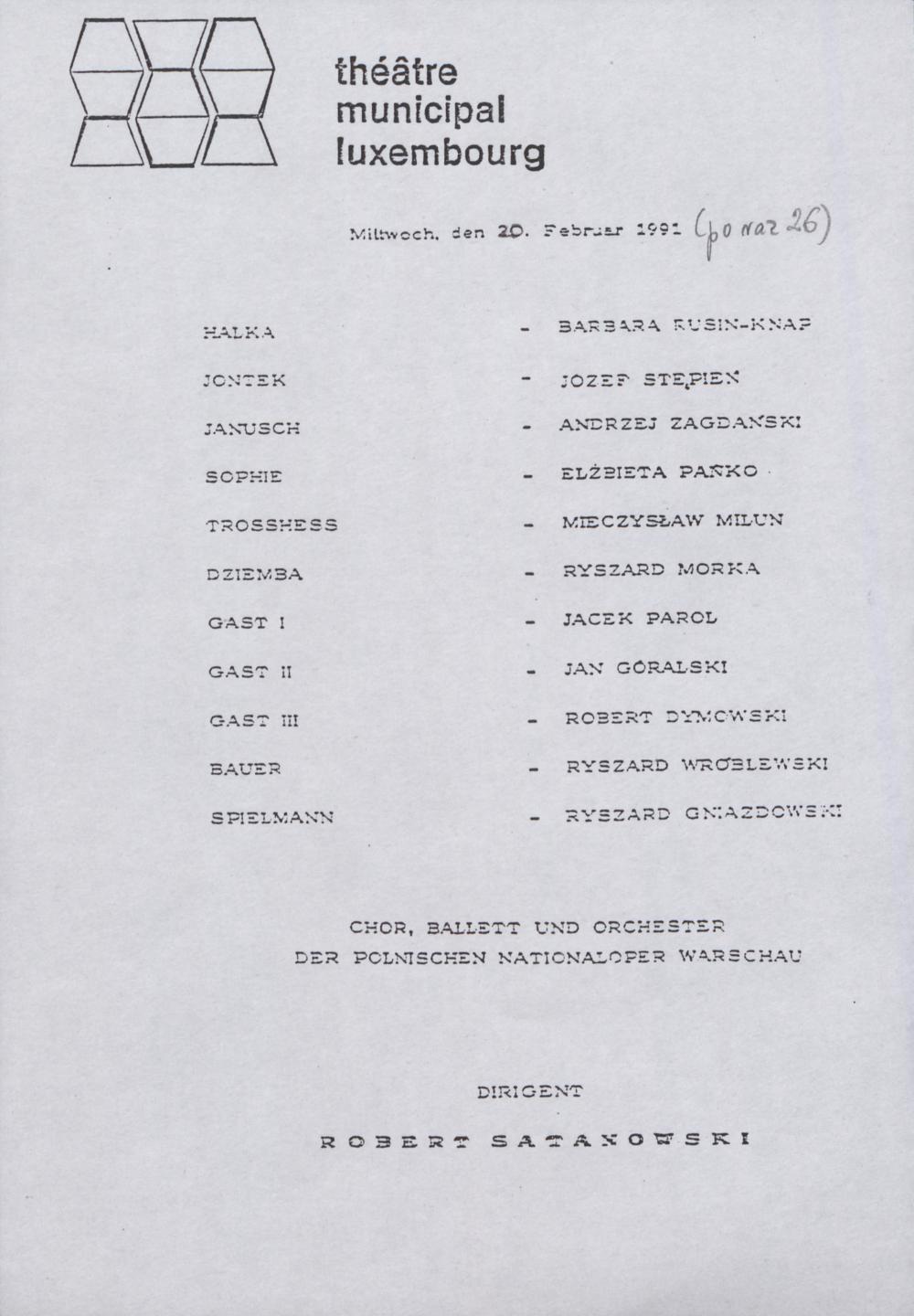 Wkładka obsadowa „Halka” Stanisław Moniuszko 20-02-1991 Tournee Luksemburg – Théâtre Municipal Luxembourg (Teatr Narodowy w Luksemburgu)