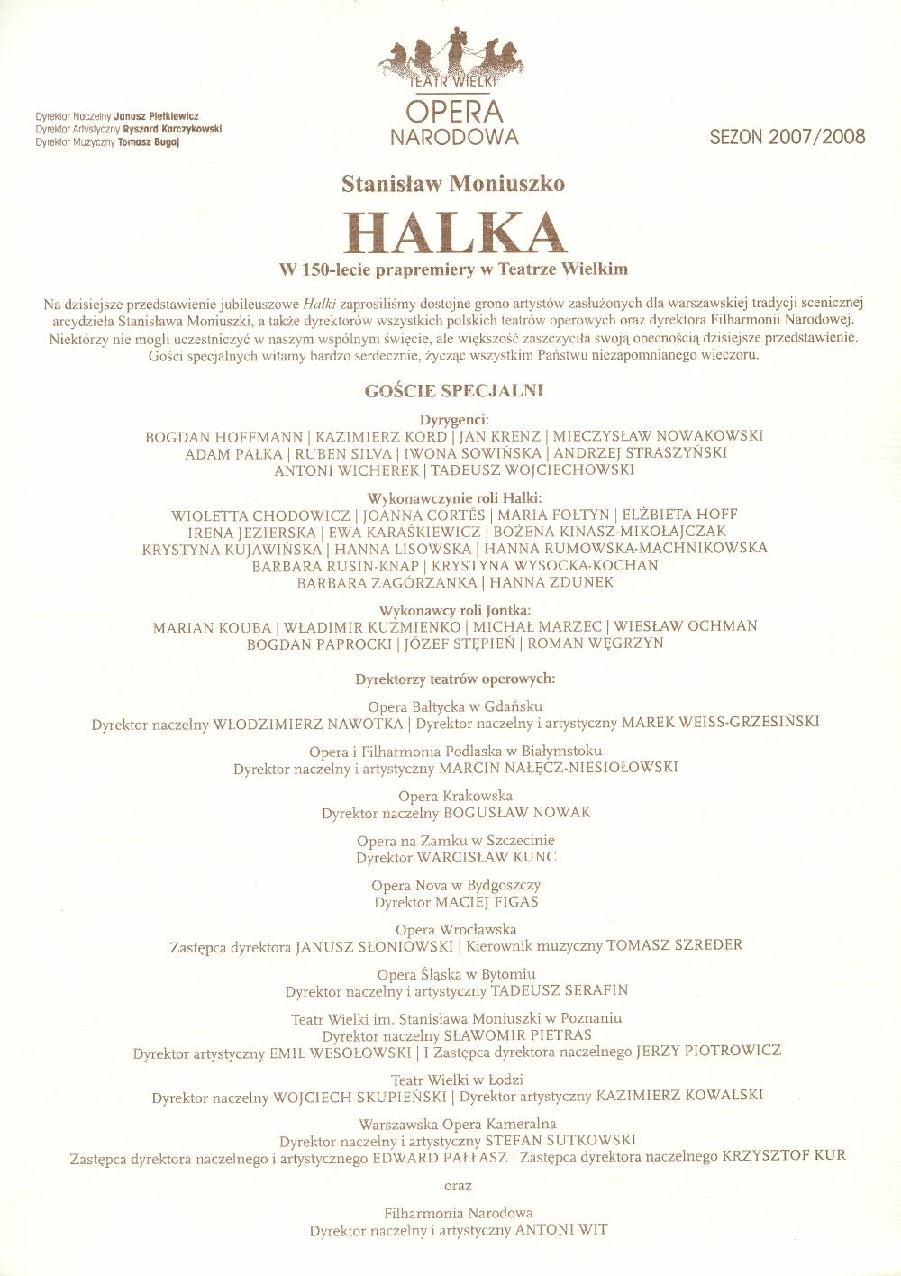 Wkładka okolicznościowa z okazji 150-lecia prapremiery „Halki” Stanisława Moniuszki w Teatrze Wielkim 04-01-2008
