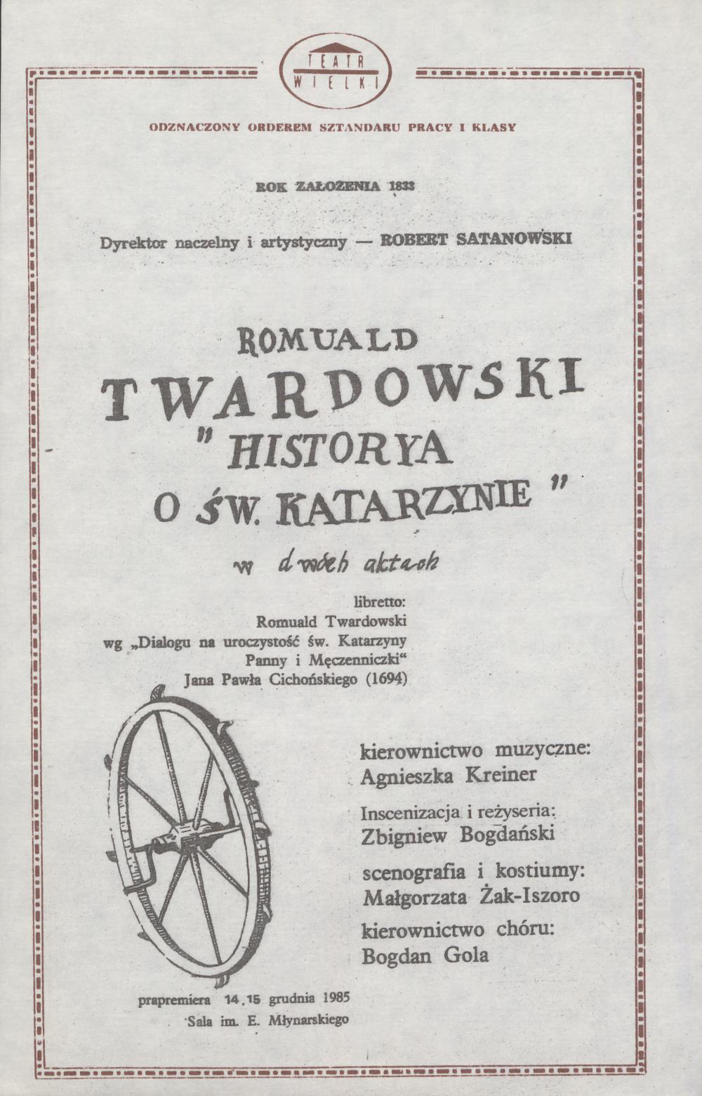 Wkładka obsadowa „Historya o św. Katarzynie” Romuald Twardowski 27-09-1987