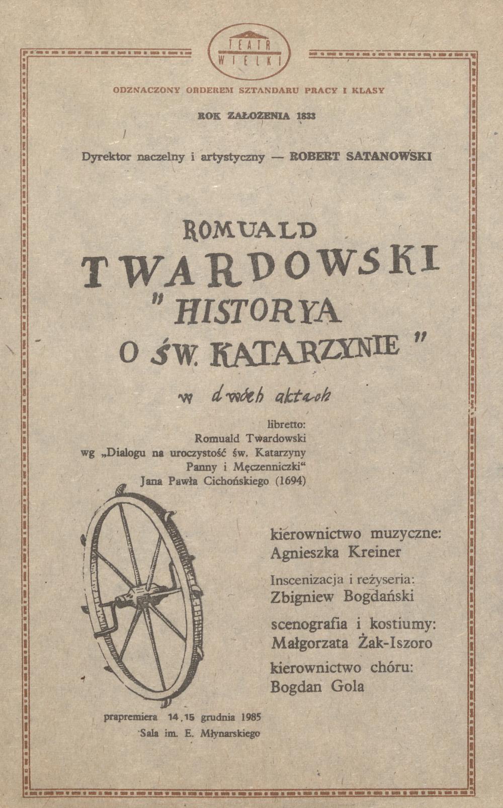 Wkładka obsadowa„Historya o św. Katarzynie” Romuald Twardowski 23-01-1986