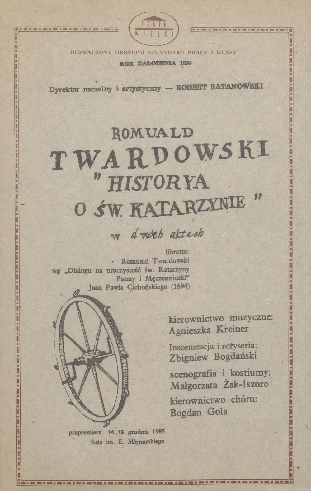 Wkładka obsadowa „Historya o św. Katarzynie” Romuald Twardowski 12-04-1986