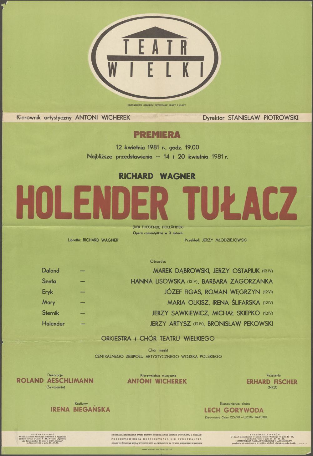 Afisz premierowy „Holender Tułacz” Richard Wagner 12-04-1981