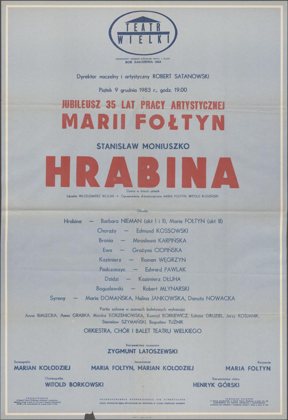 Afisz „Hrabina” Stanisław Moniuszko 09-12-1983 Jubileusz 35-lecia pracy artystycznej Marii Fołtyn