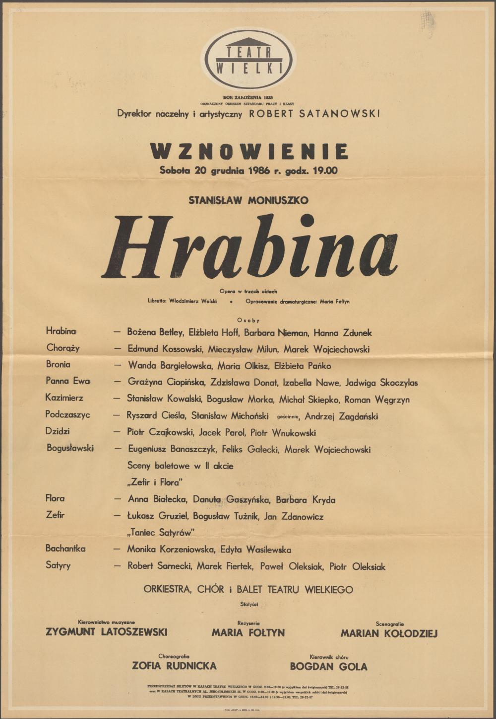 Afisz „Hrabina” Stanisław Moniuszko 20-12-1986 Wznowienie
