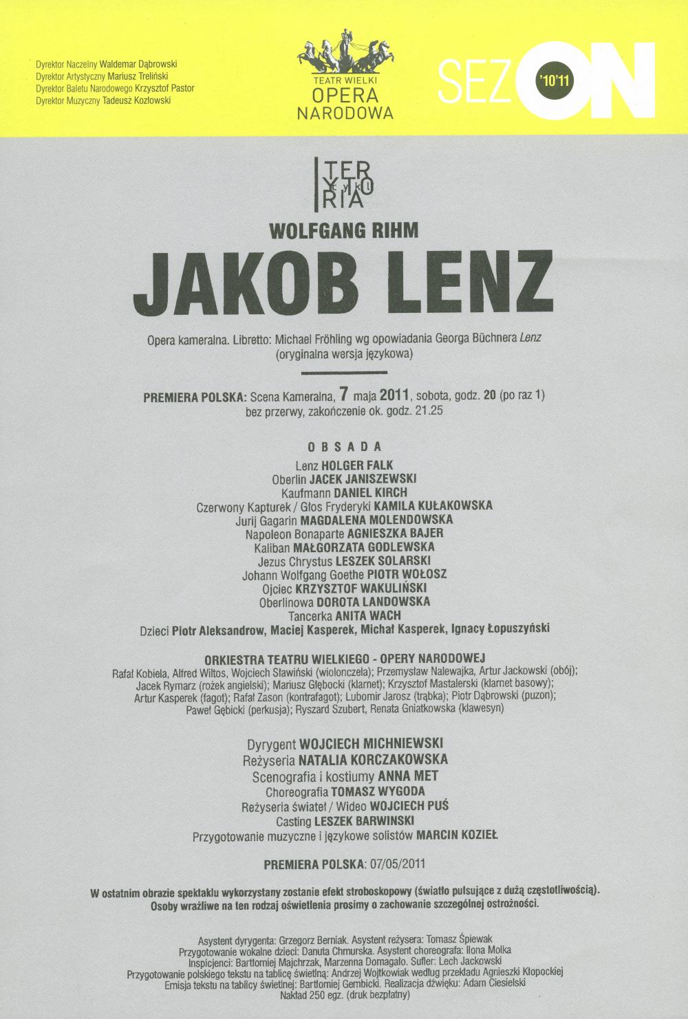 Wkładka premierowa „Jakob Lenz” Wolfgang Rihm 7-05-2011