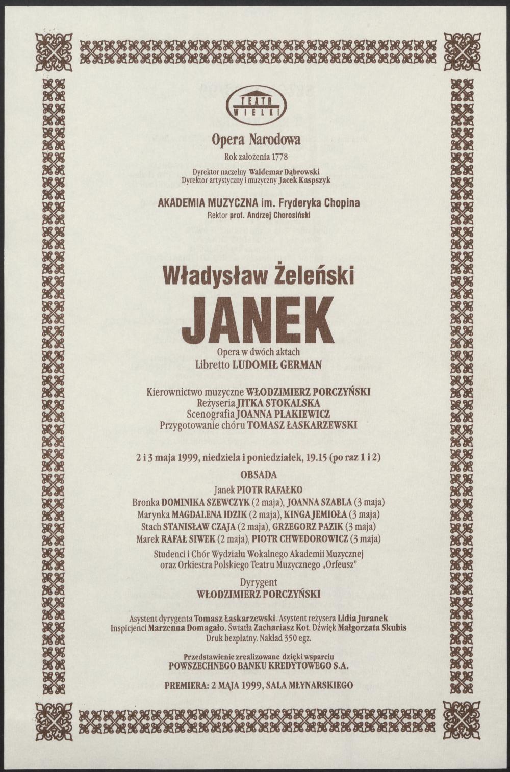 Wkładka premierowa „Janek” Władysław Żeleński 02-05-1999, 03-05-1999