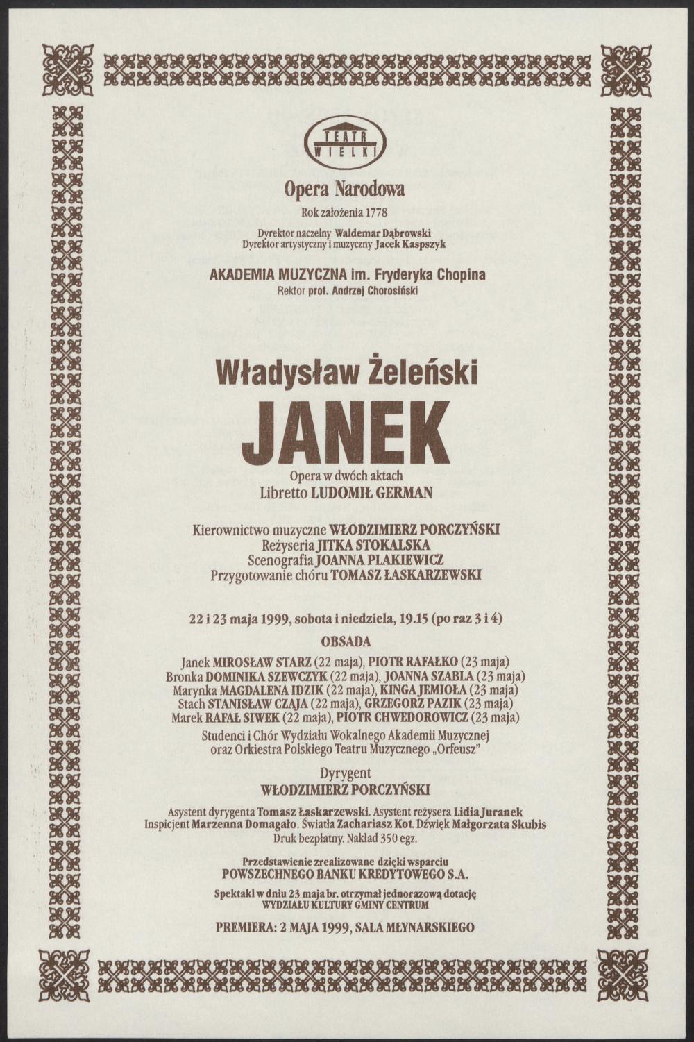 Wkładka obsadowa „Janek” Władysław Żeleński 22-05-1999, 23-05-1999