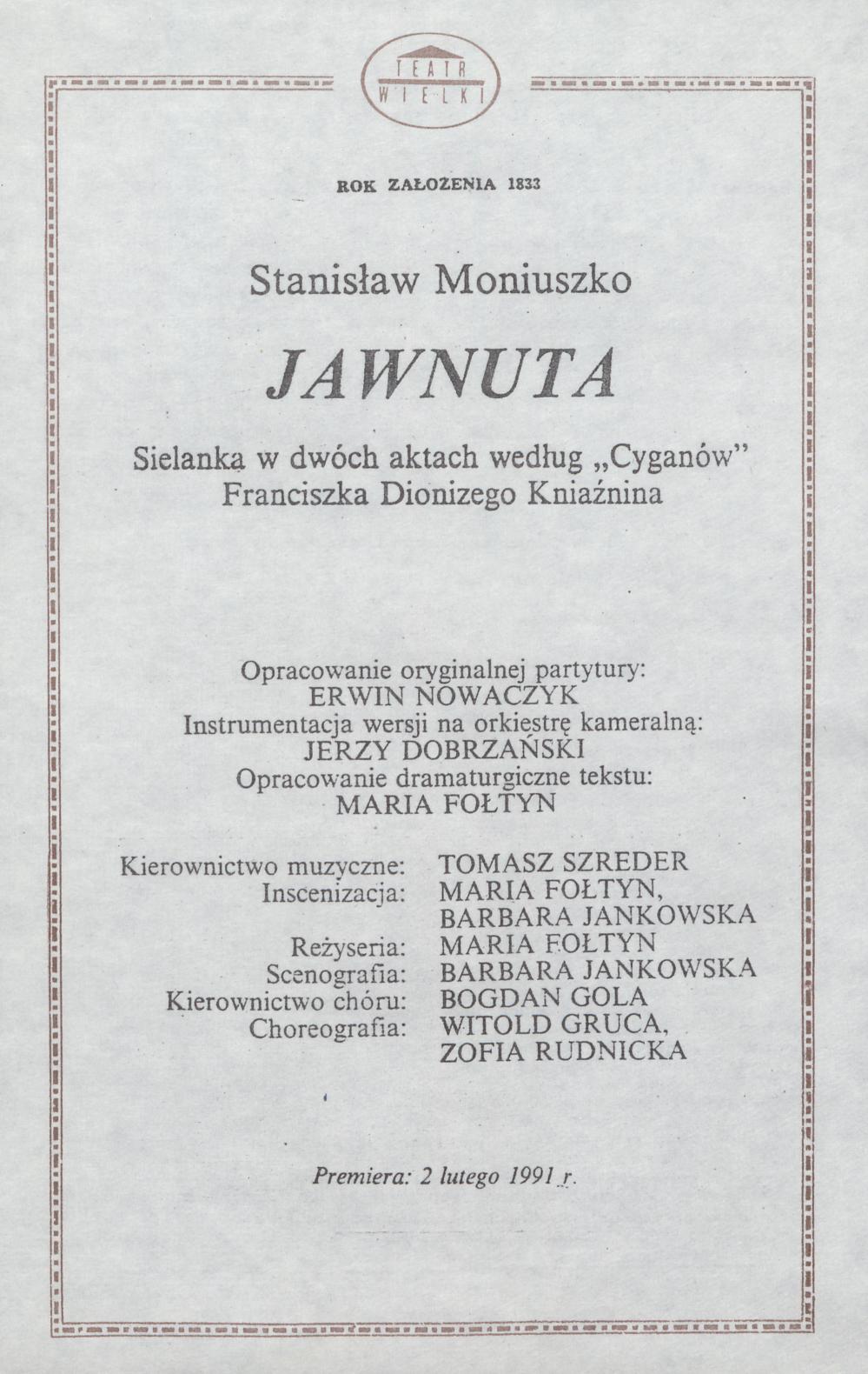 Wkładka obsadowa.„Jawnuta” Stanisław Moniuszko 03-02-1991