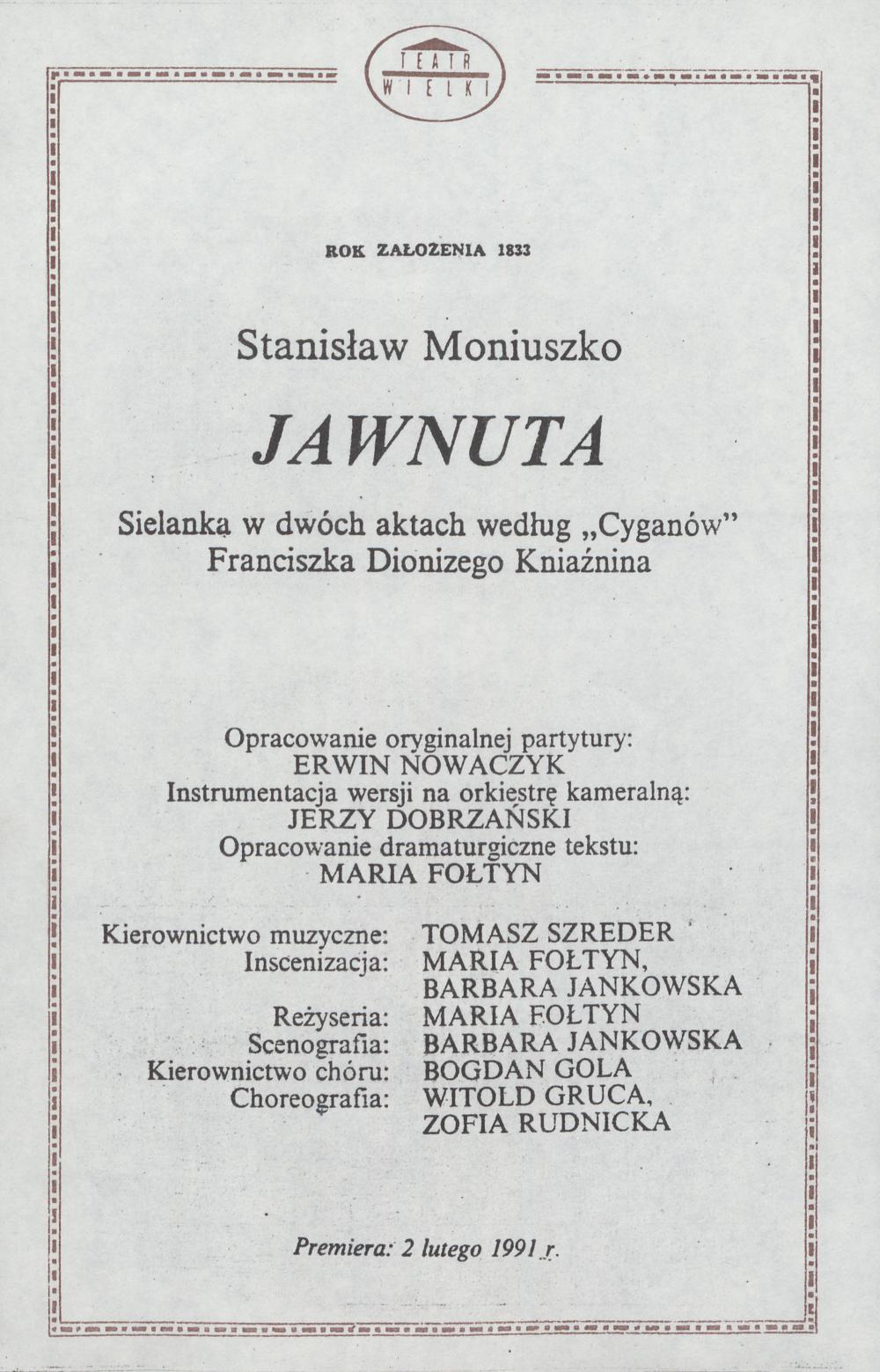 Wkładka obsadowa. „Jawnuta” Stanisław Moniuszko 16-03-1991